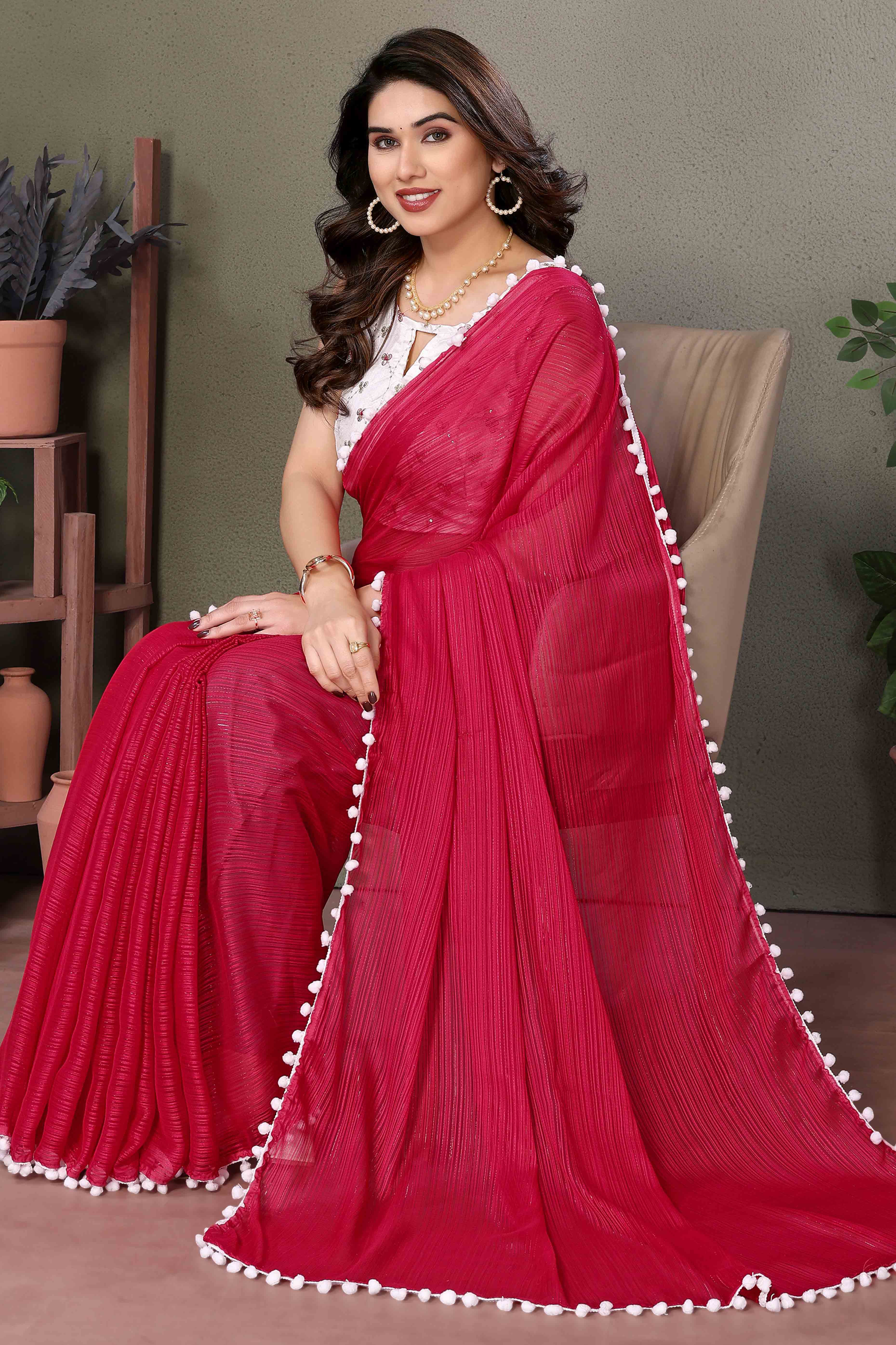 Pink Zari Woven Satin Saree With Pumpum Border