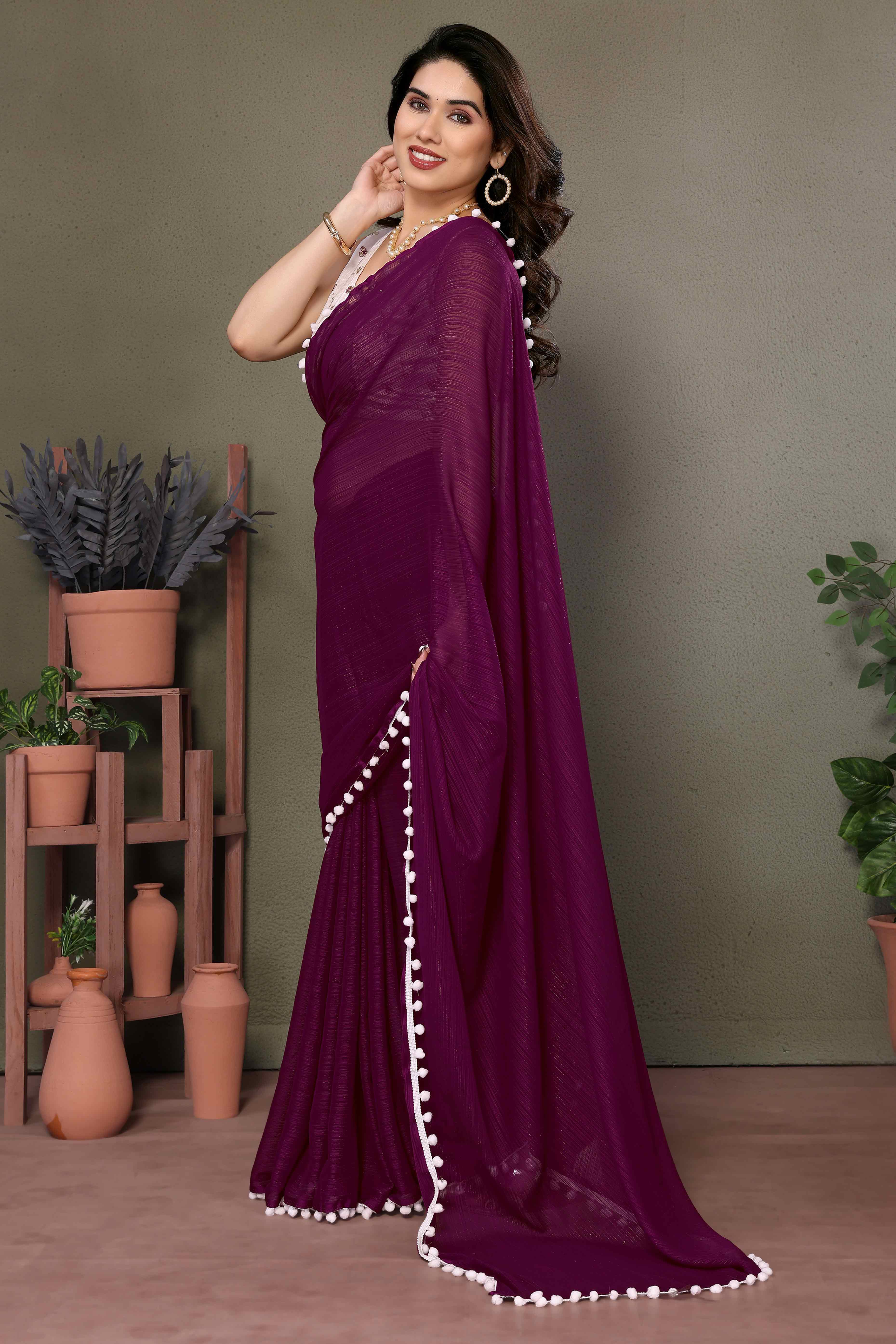 Purple Zari Woven Satin Saree With Pompom Border