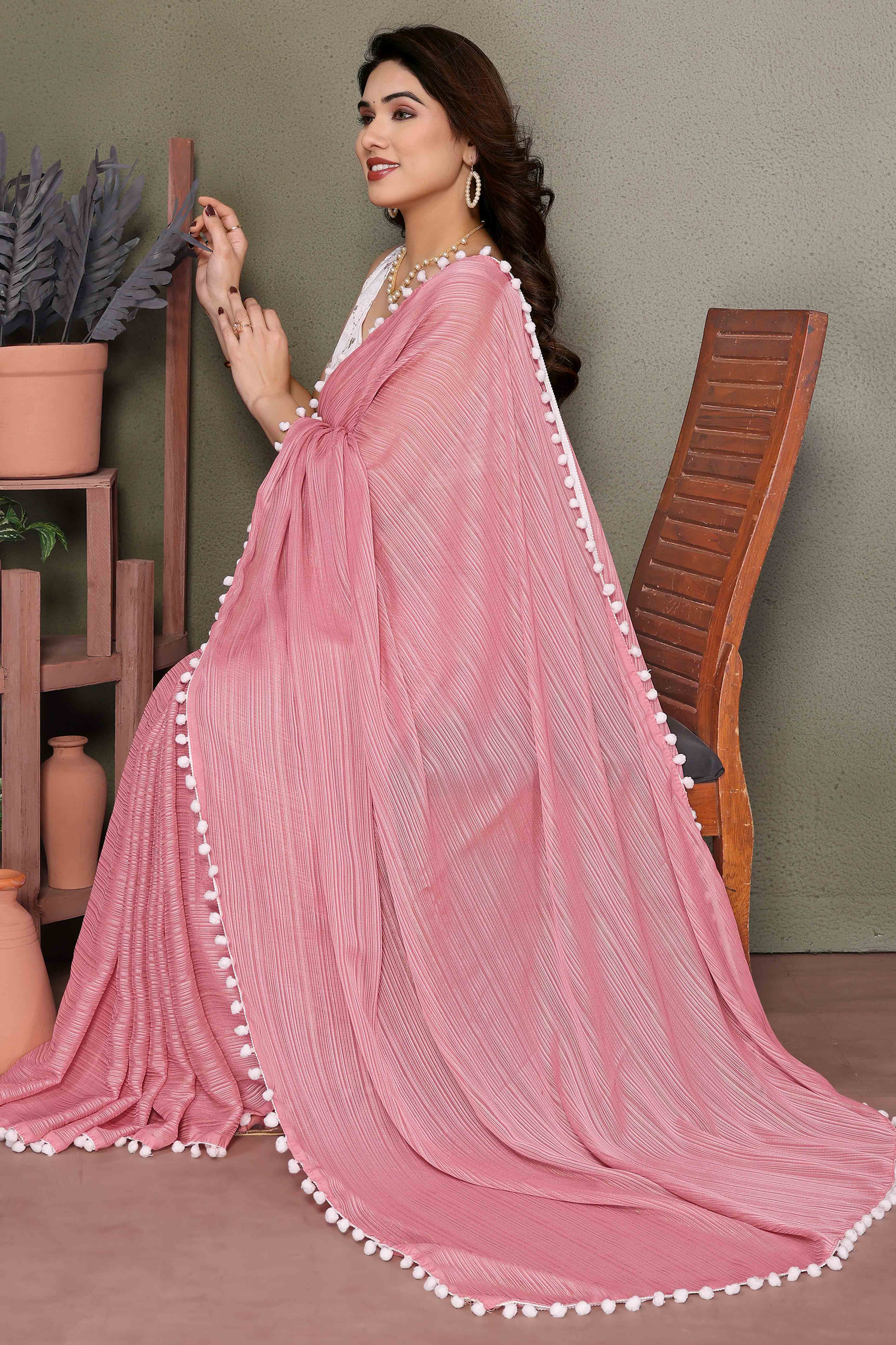 Rose Pink Zari Woven Satin Saree With Pompom Border