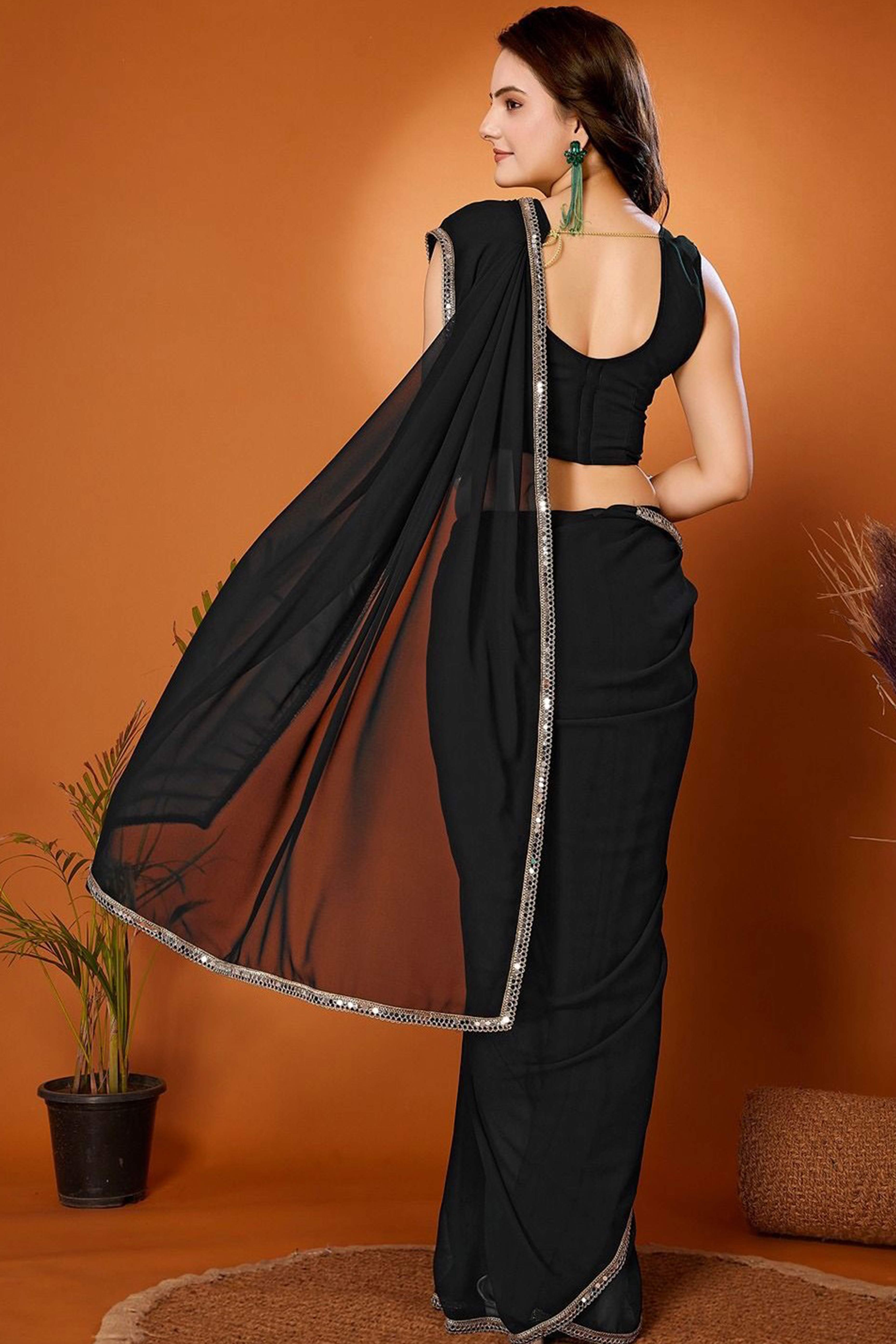 Black Solid Georgette Saree With Mirror Border