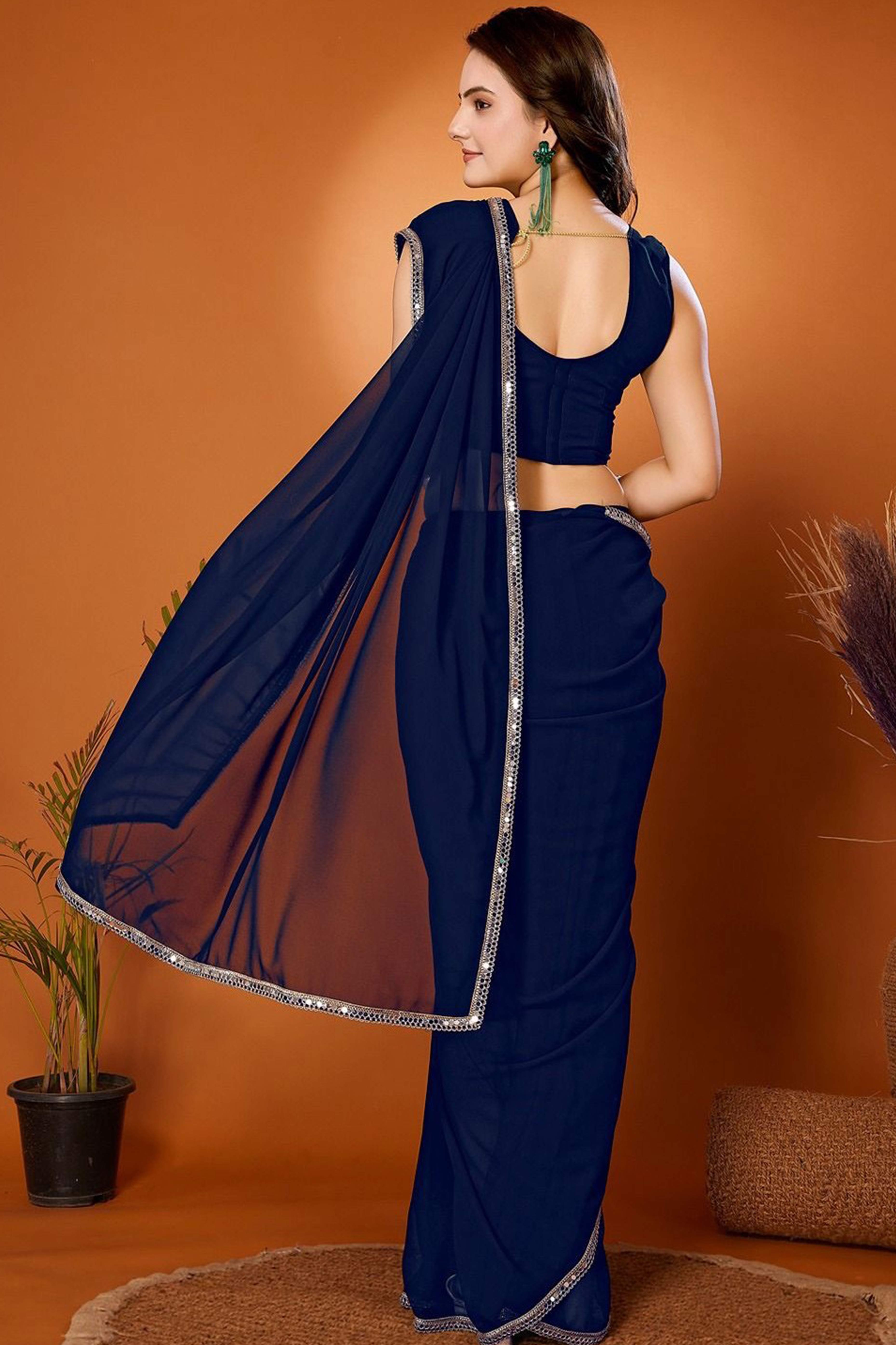 Blue Solid Georgette Saree With Mirror Border