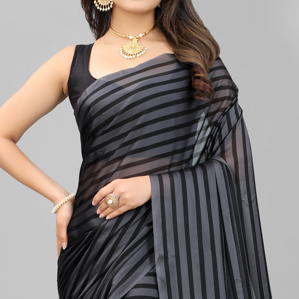 Grey Striped Printed Art Silk Saree