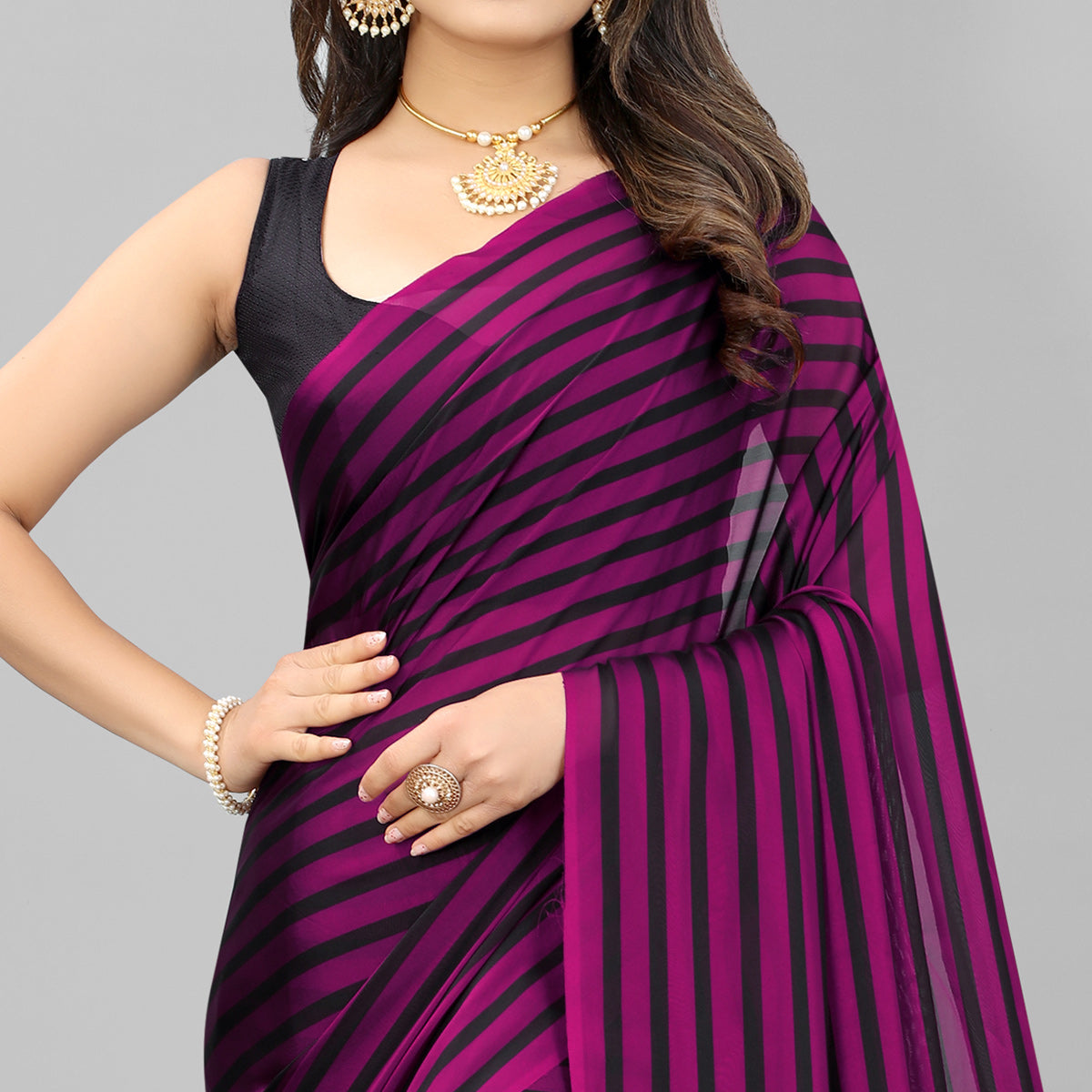 Purple Striped Printed Art Silk Saree