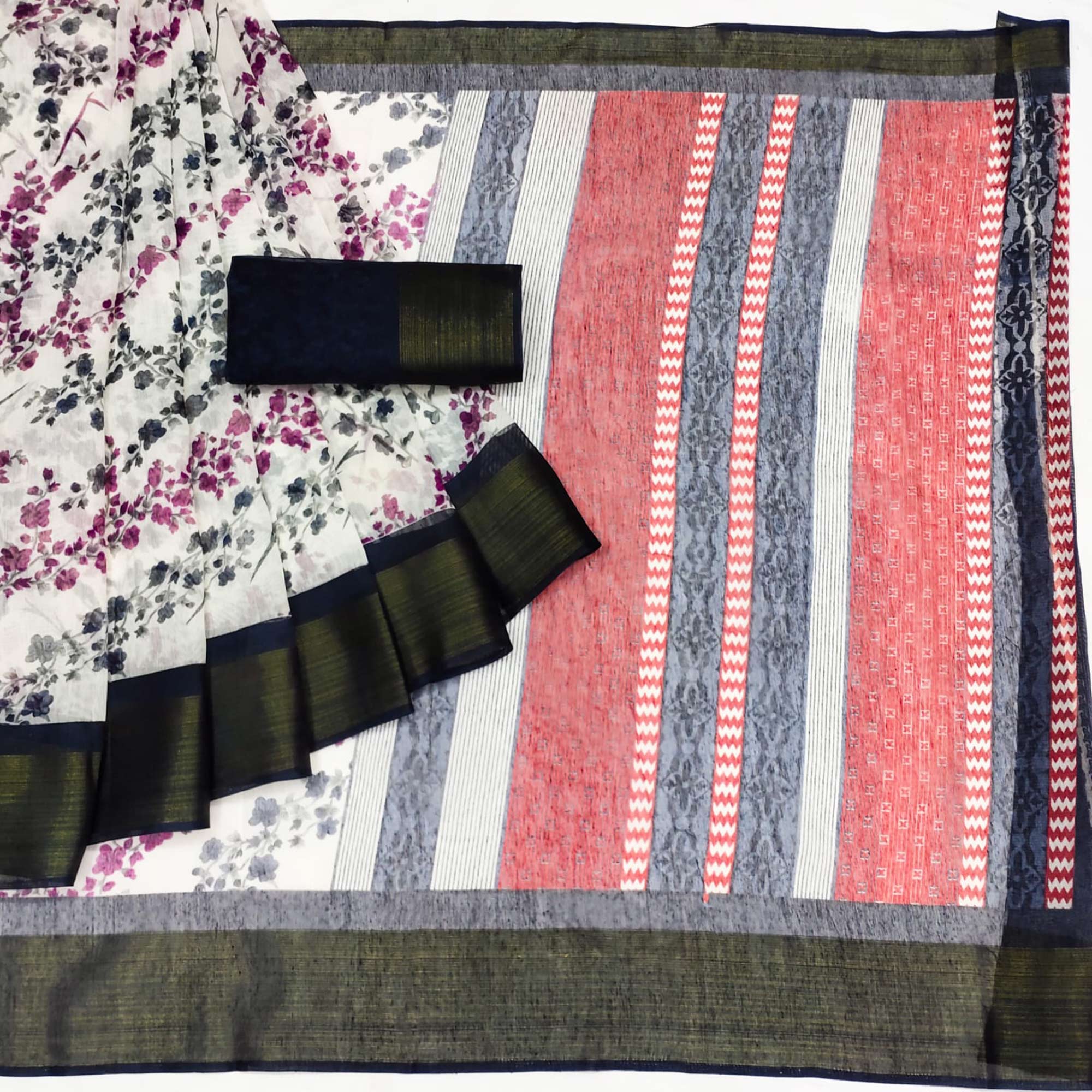 White & Black Floral Printed Cotton Blend Saree