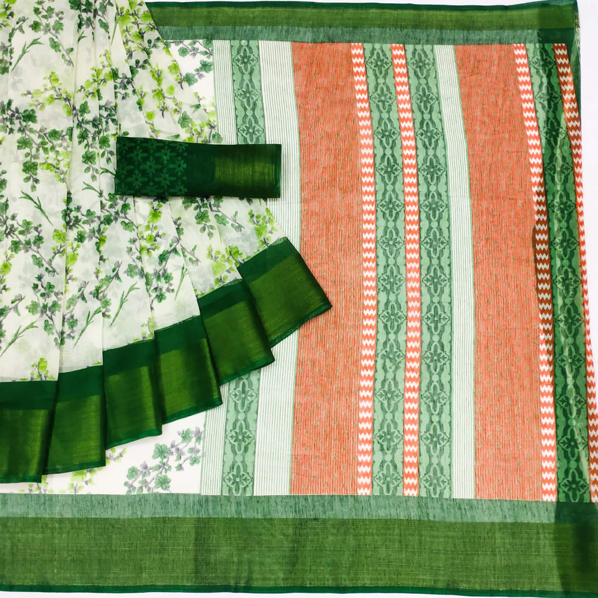 White & Dark Green Floral Printed Cotton Blend Saree