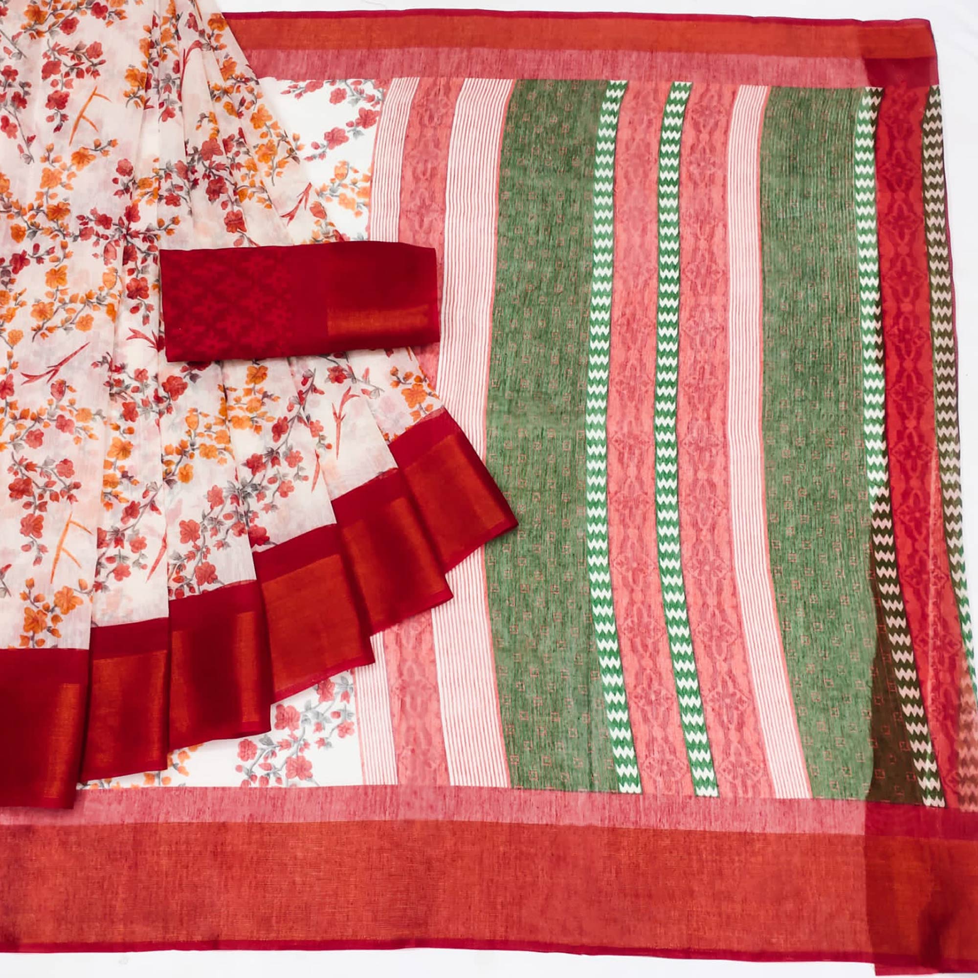 White & Red Floral Printed Cotton Blend Saree