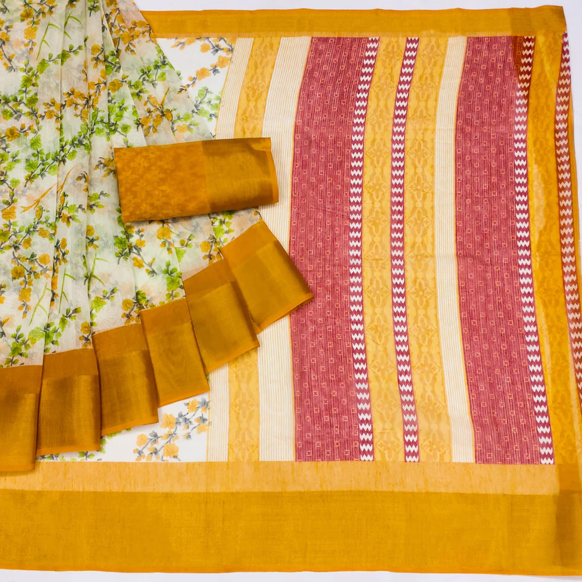 White & Yellow Floral Printed Cotton Blend Saree