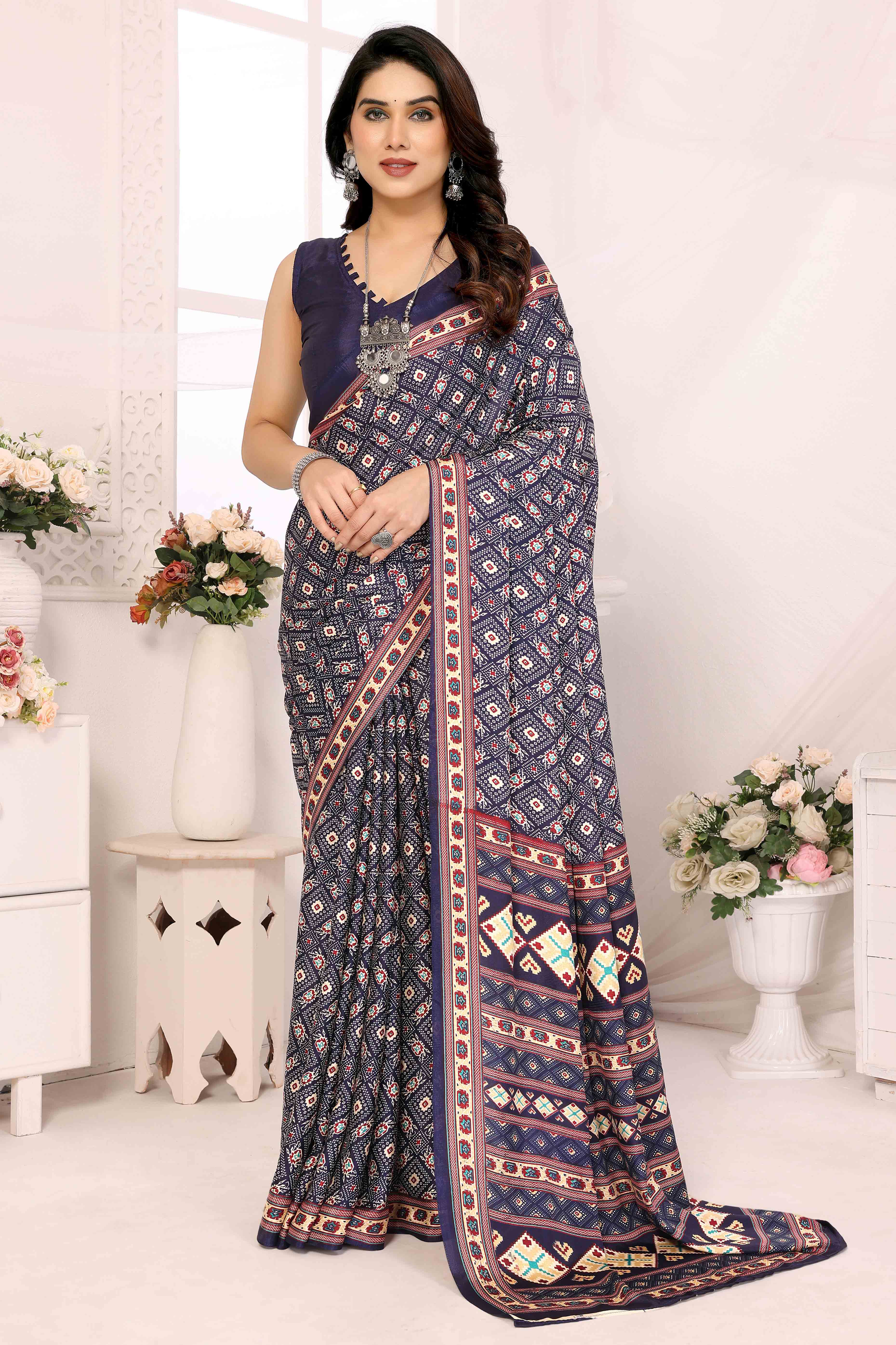 Blue Floral Printed Silk Crepe Saree