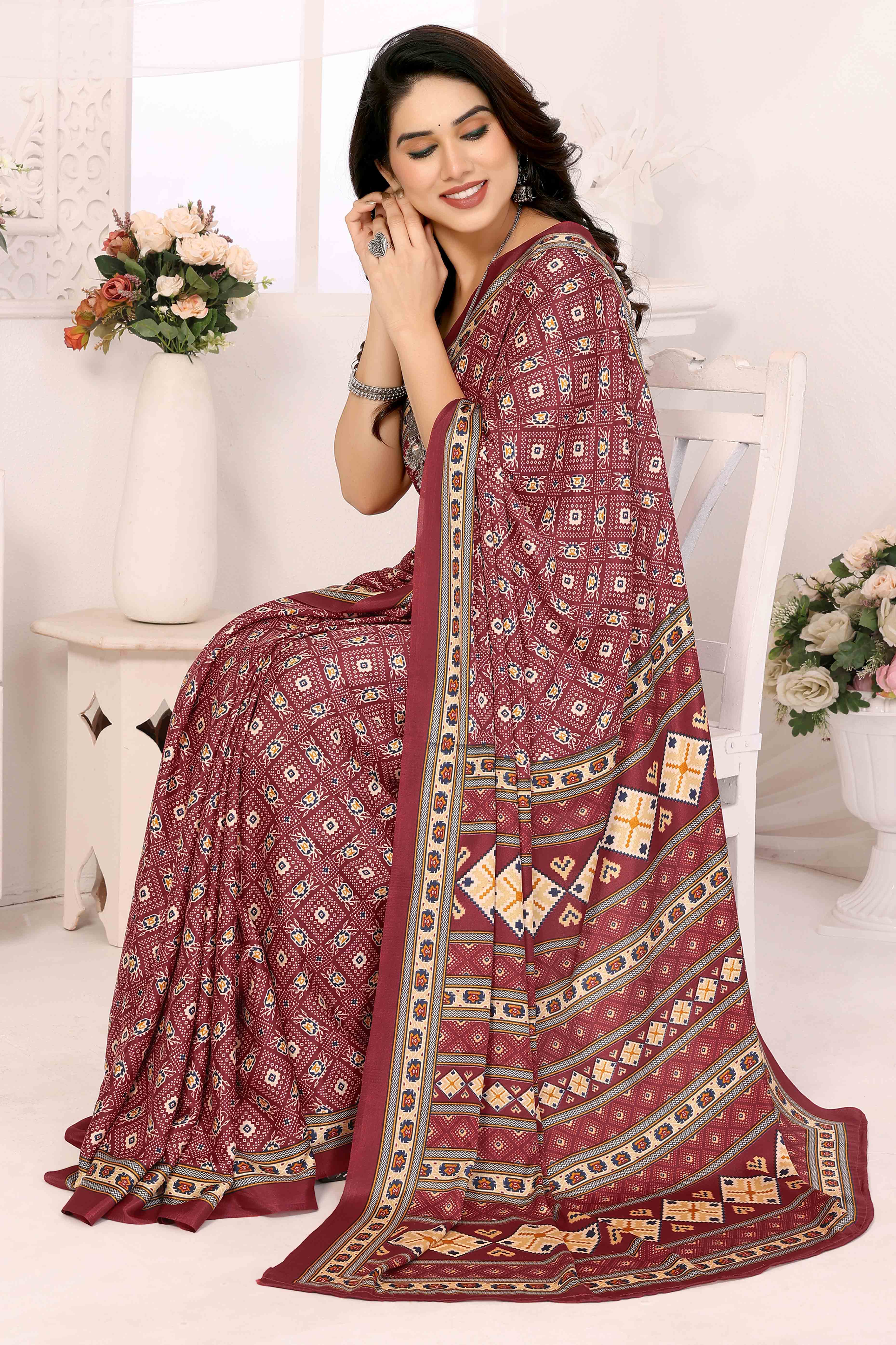 Maroon Floral Printed Silk Crepe Saree