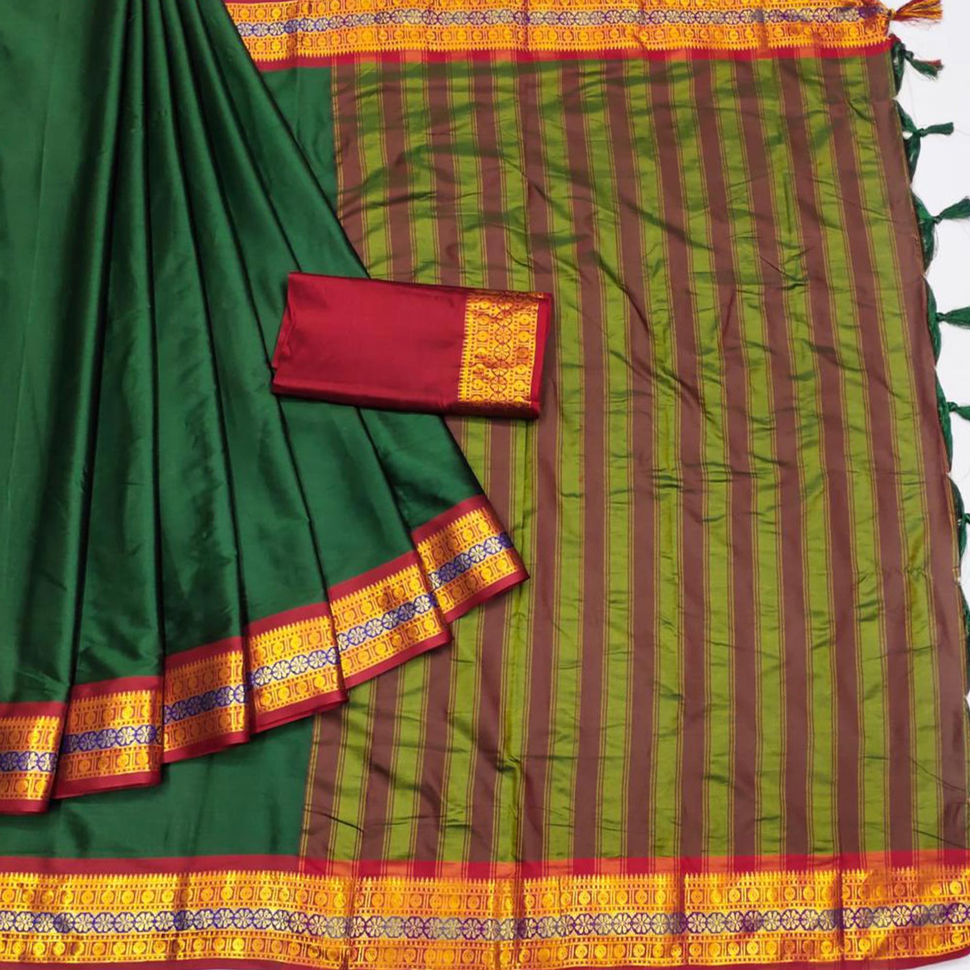 Bottle Green Woven Cotton Silk Saree With Tassels