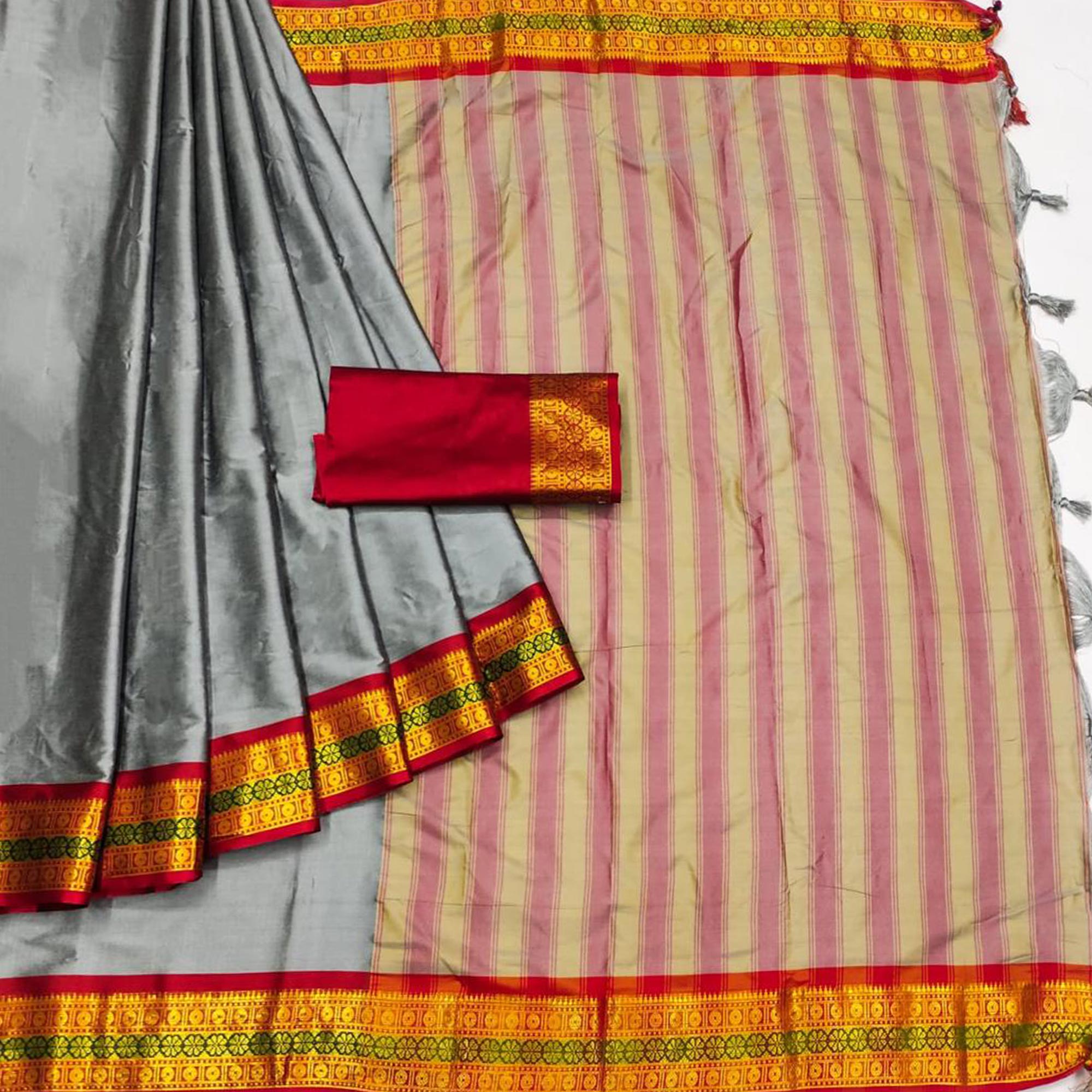 Grey Woven Cotton Silk Saree With Tassels