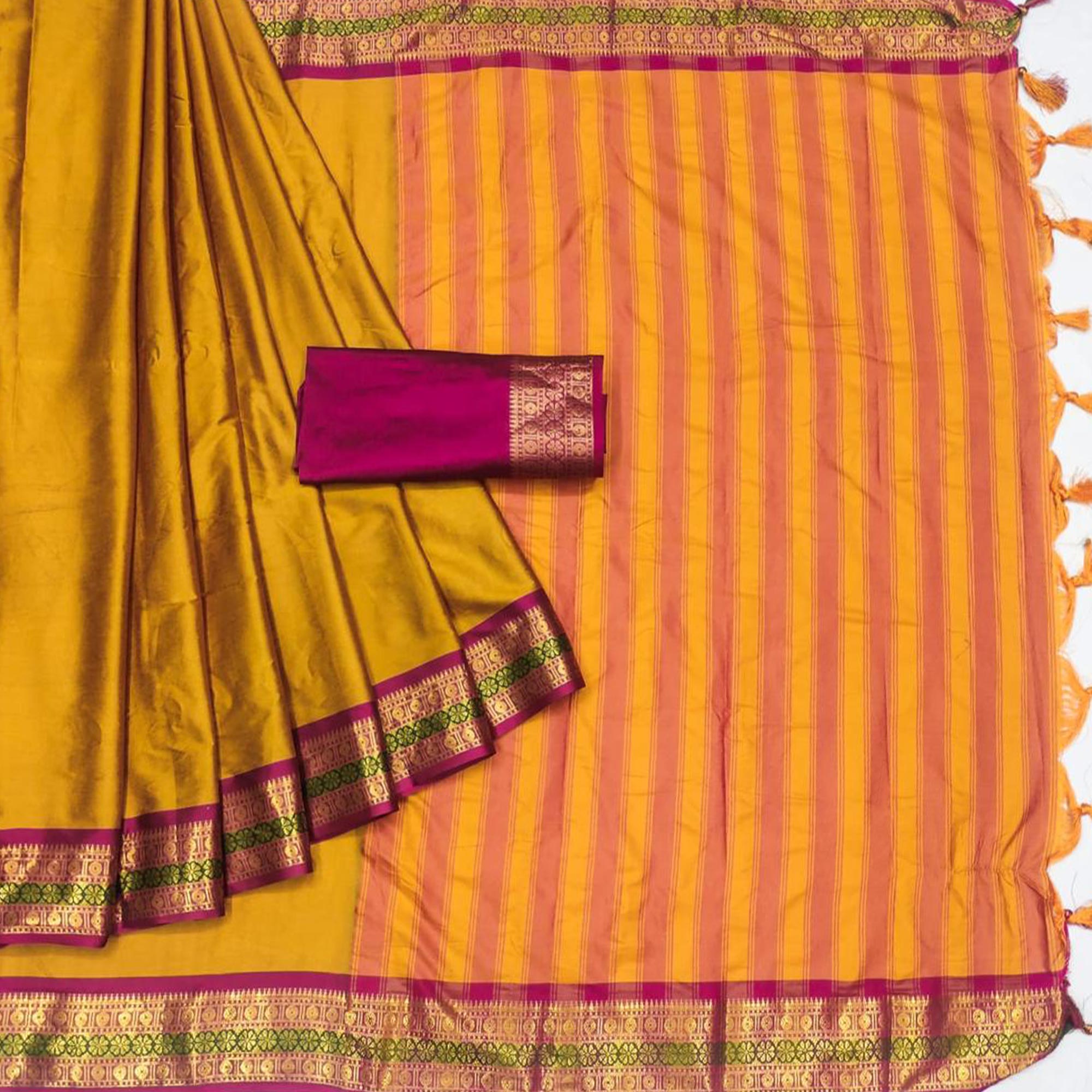 Mustard Woven Cotton Silk Saree With Tassels