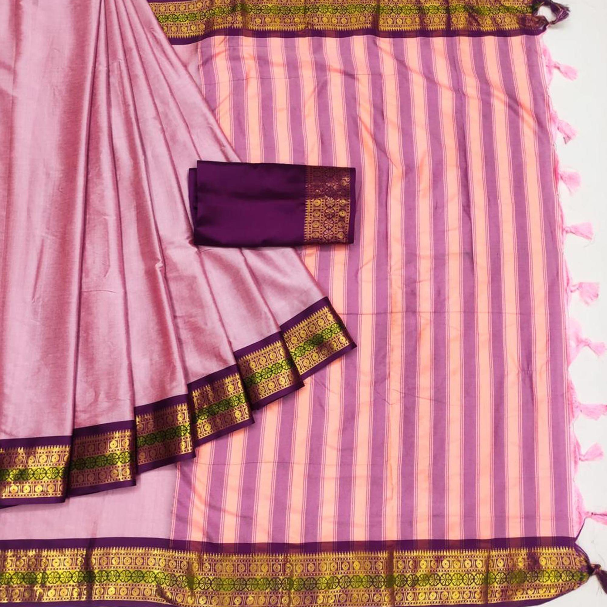 Pink Woven Cotton Silk Saree With Tassels