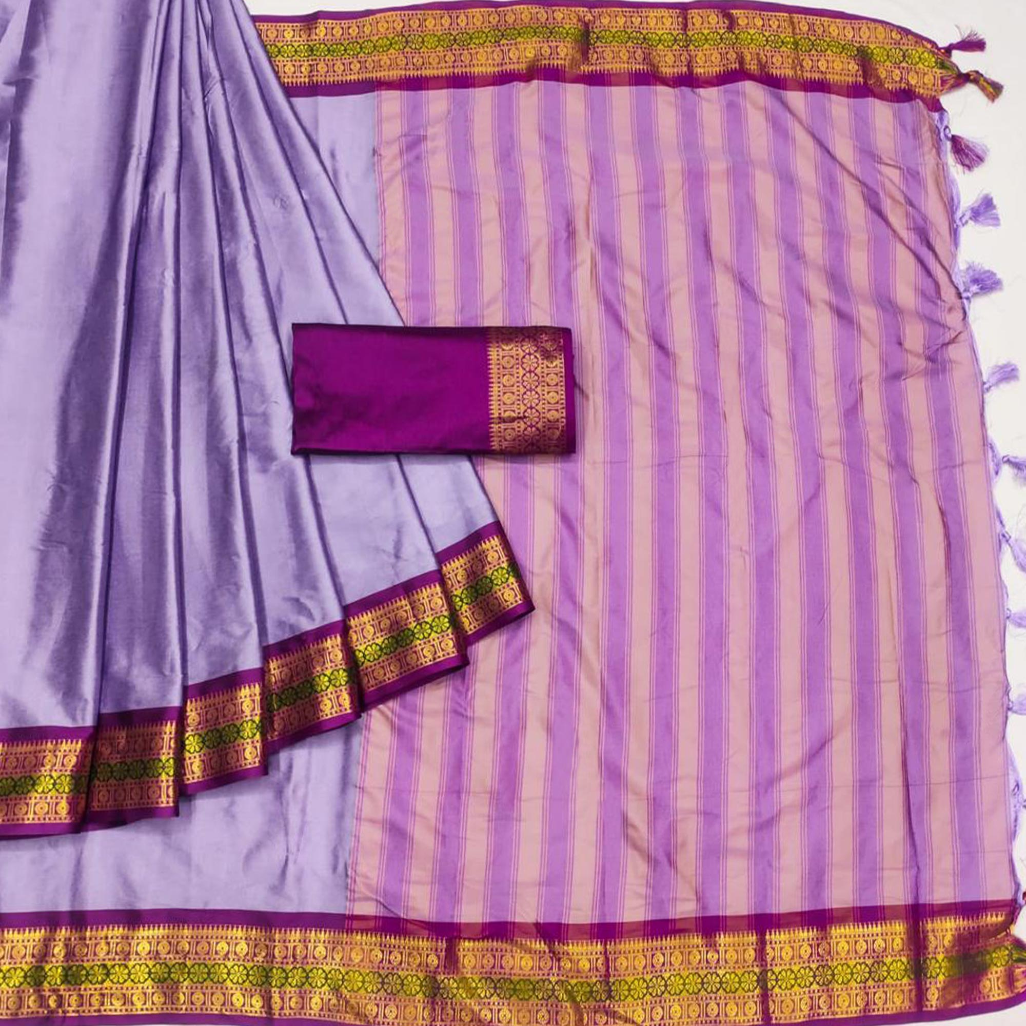 Violet Woven Cotton Silk Saree With Tassels