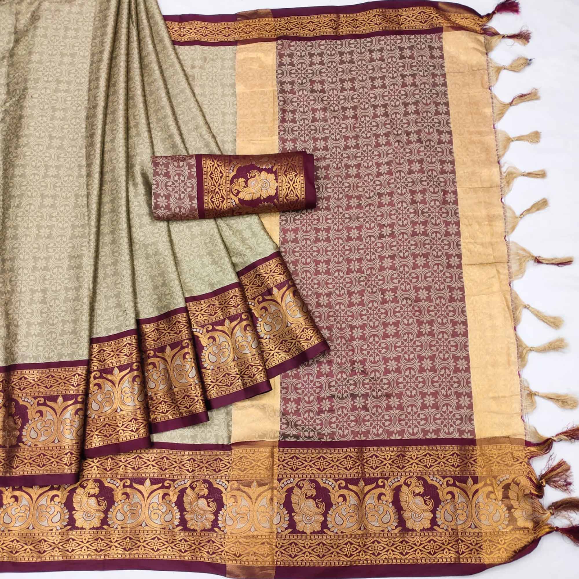 Chikoo Floral Woven Cotton Silk Saree With Tassels