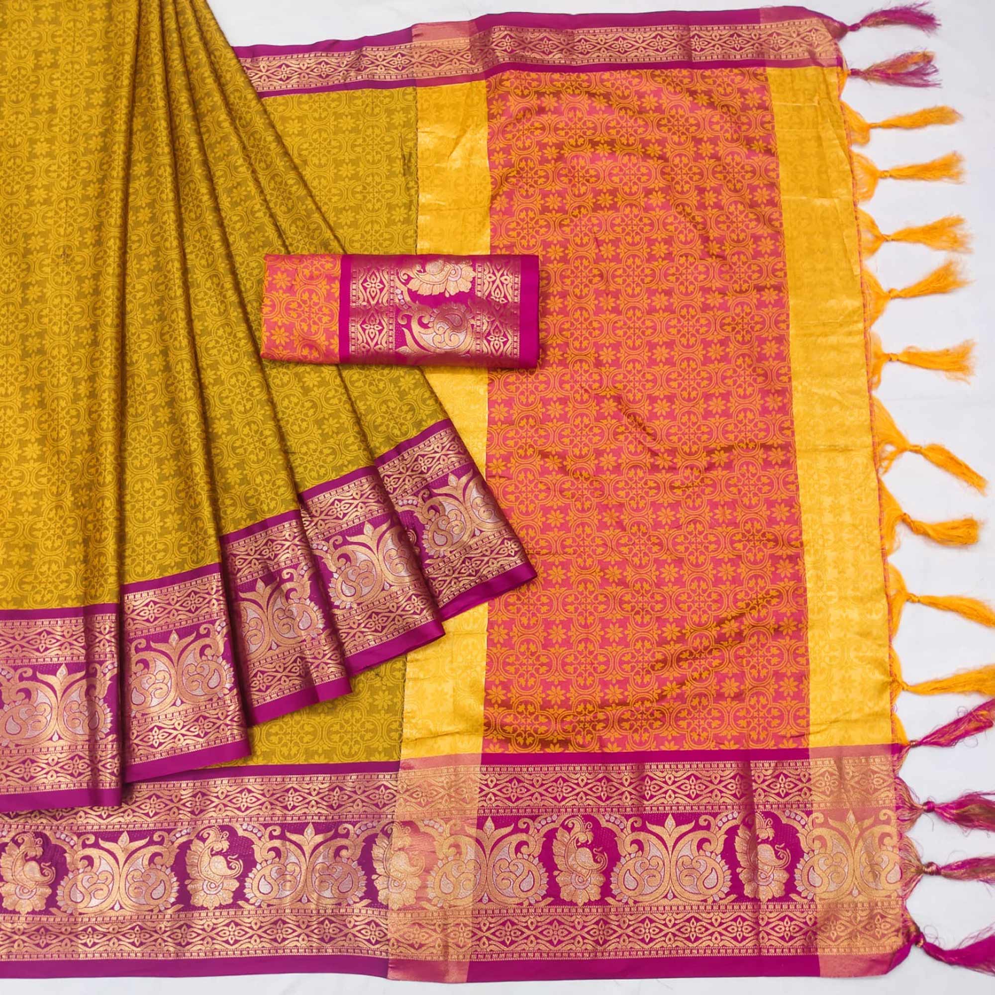 Gold Floral Woven Cotton Silk Saree With Tassels
