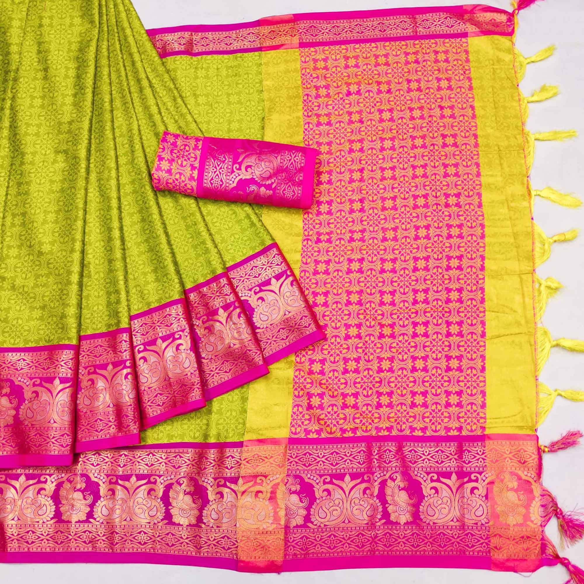 Green Floral Woven Cotton Silk Saree With Tassels