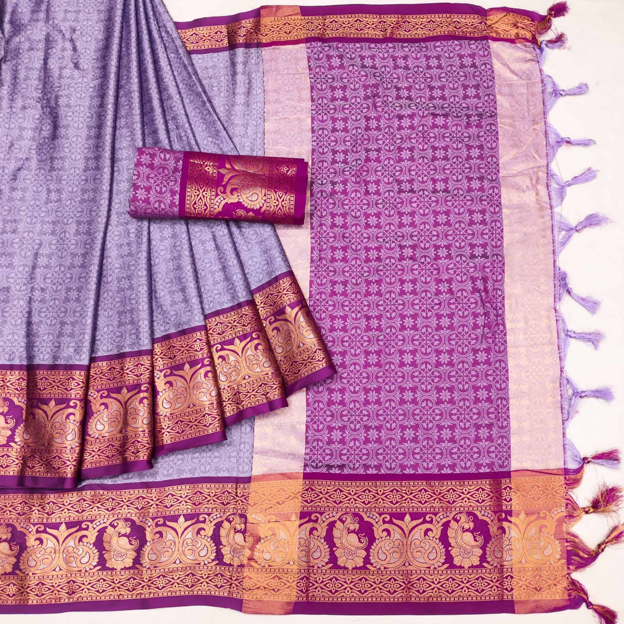 Light Violet Floral Woven Cotton Silk Saree With Tassels