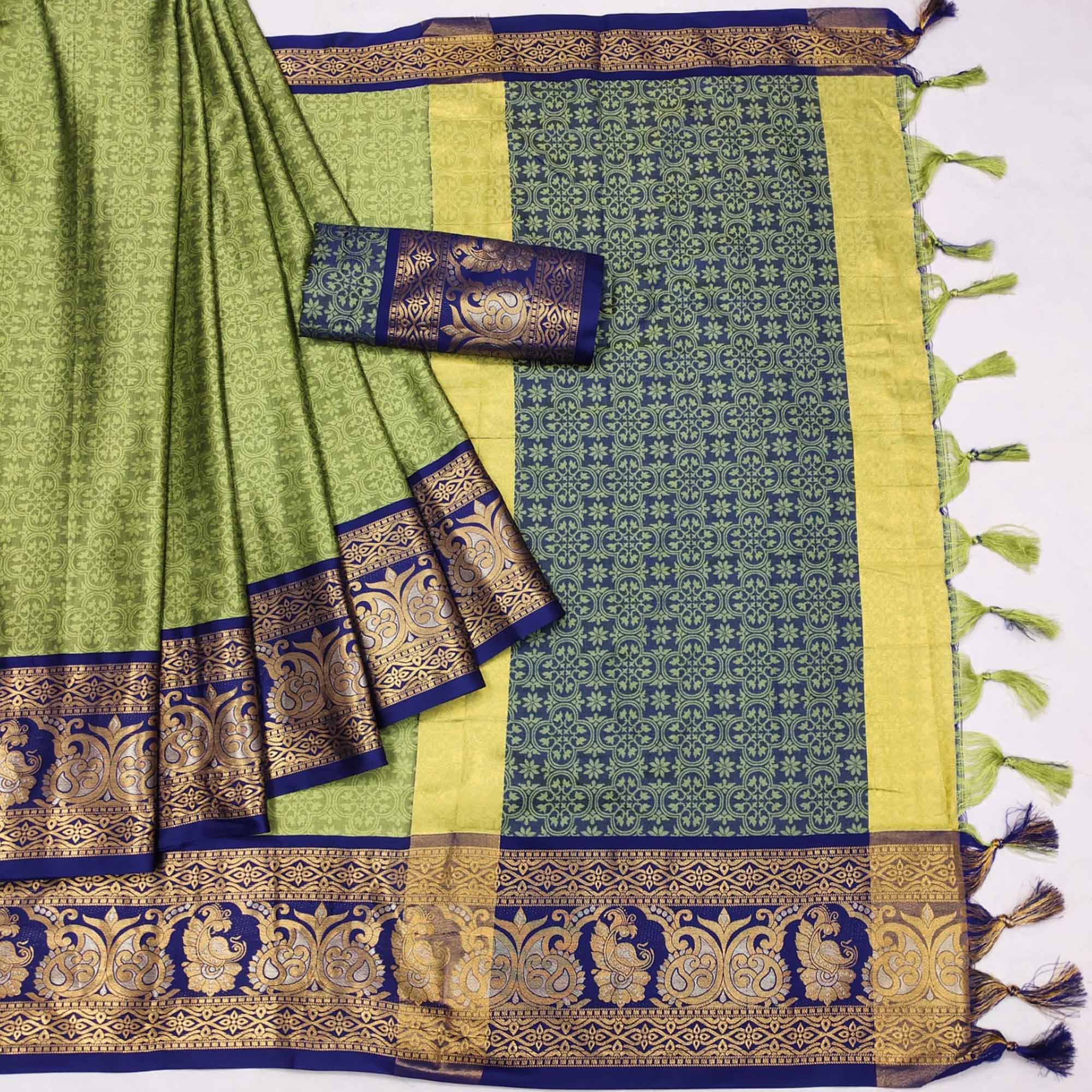 Pista Green Floral Woven Cotton Silk Saree With Tassels