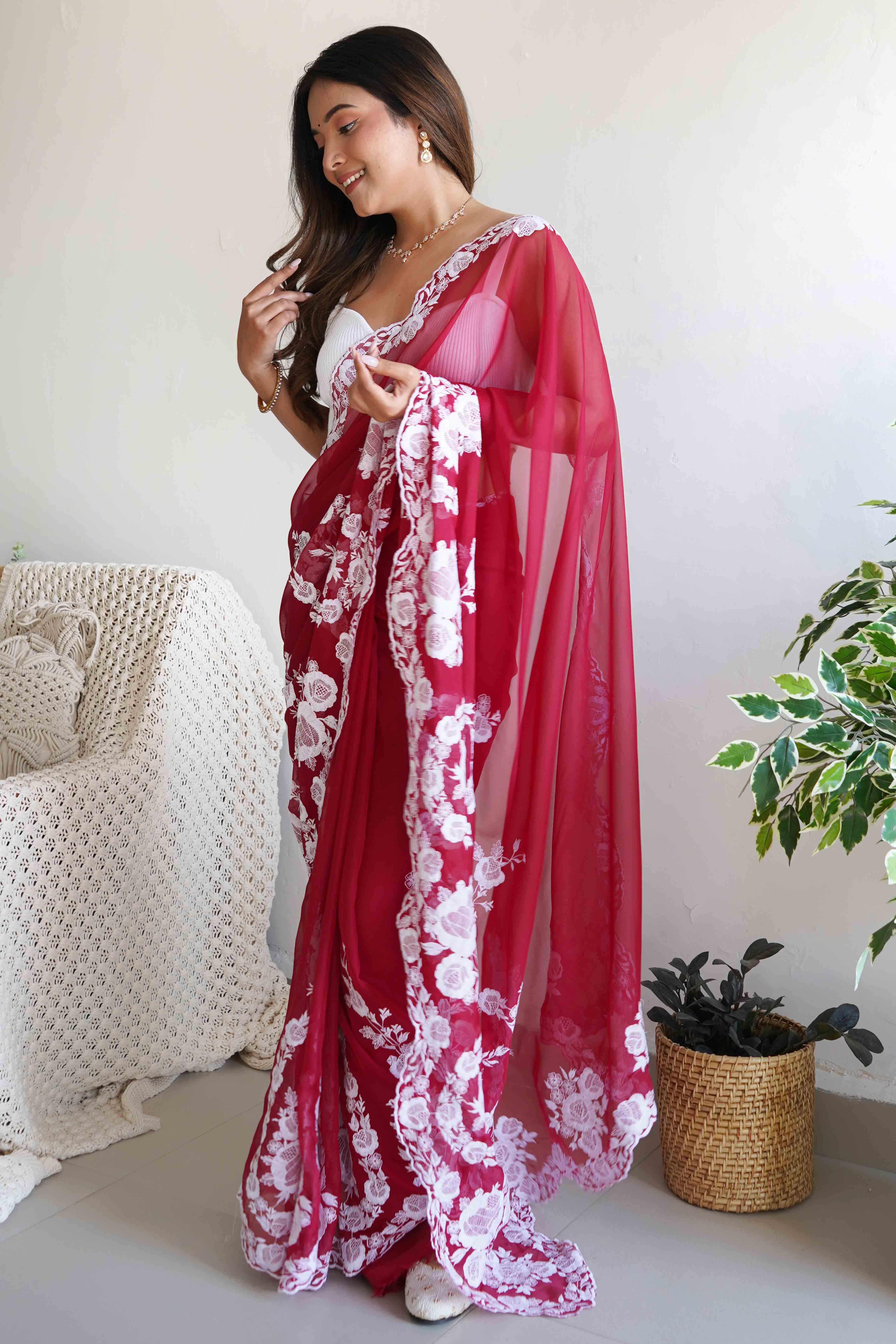 Red Embroidered Georgette Saree Featuring Ornate Heavy Thread Work