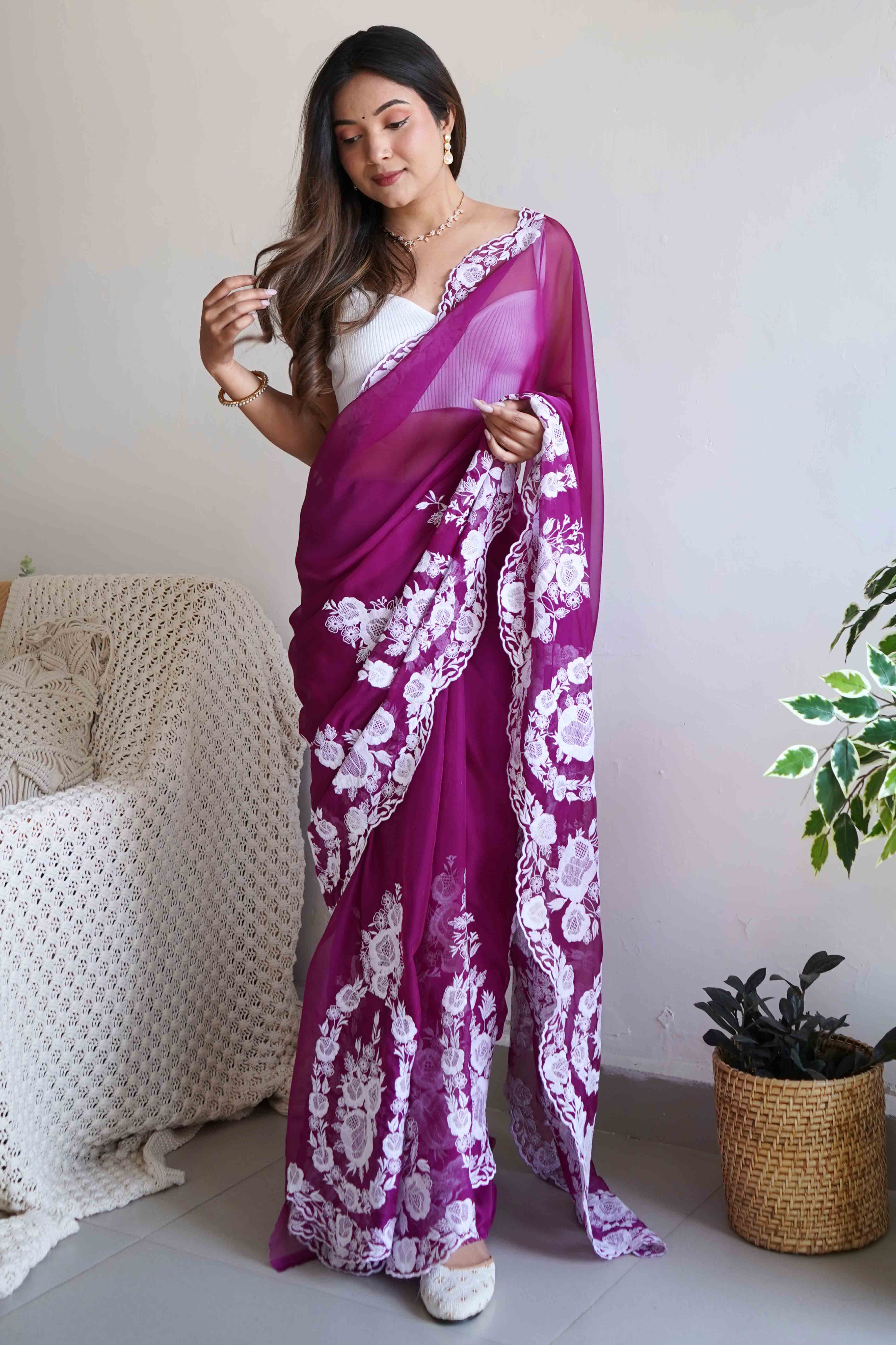 Wine Embroidered Georgette Saree Featuring Ornate Heavy Thread Work