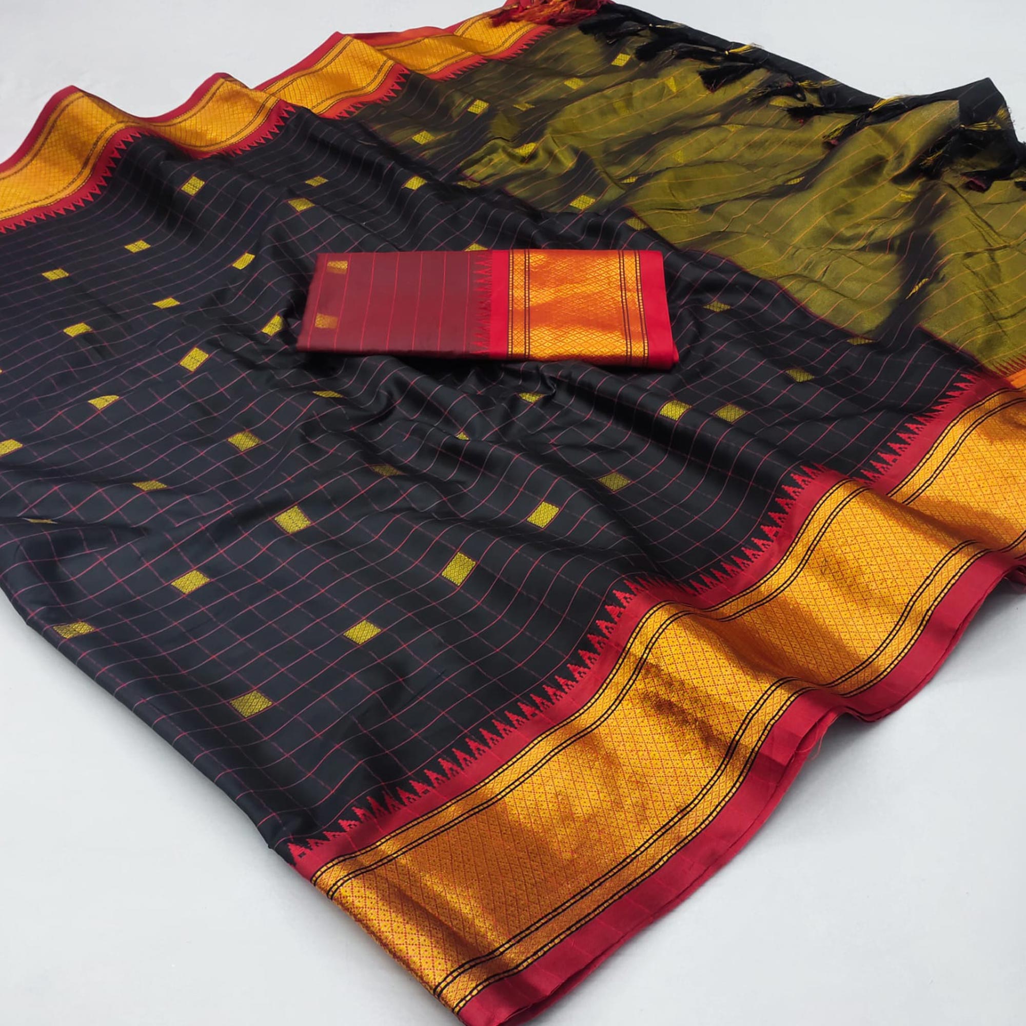 Black Woven Cotton Silk Saree With Tassels