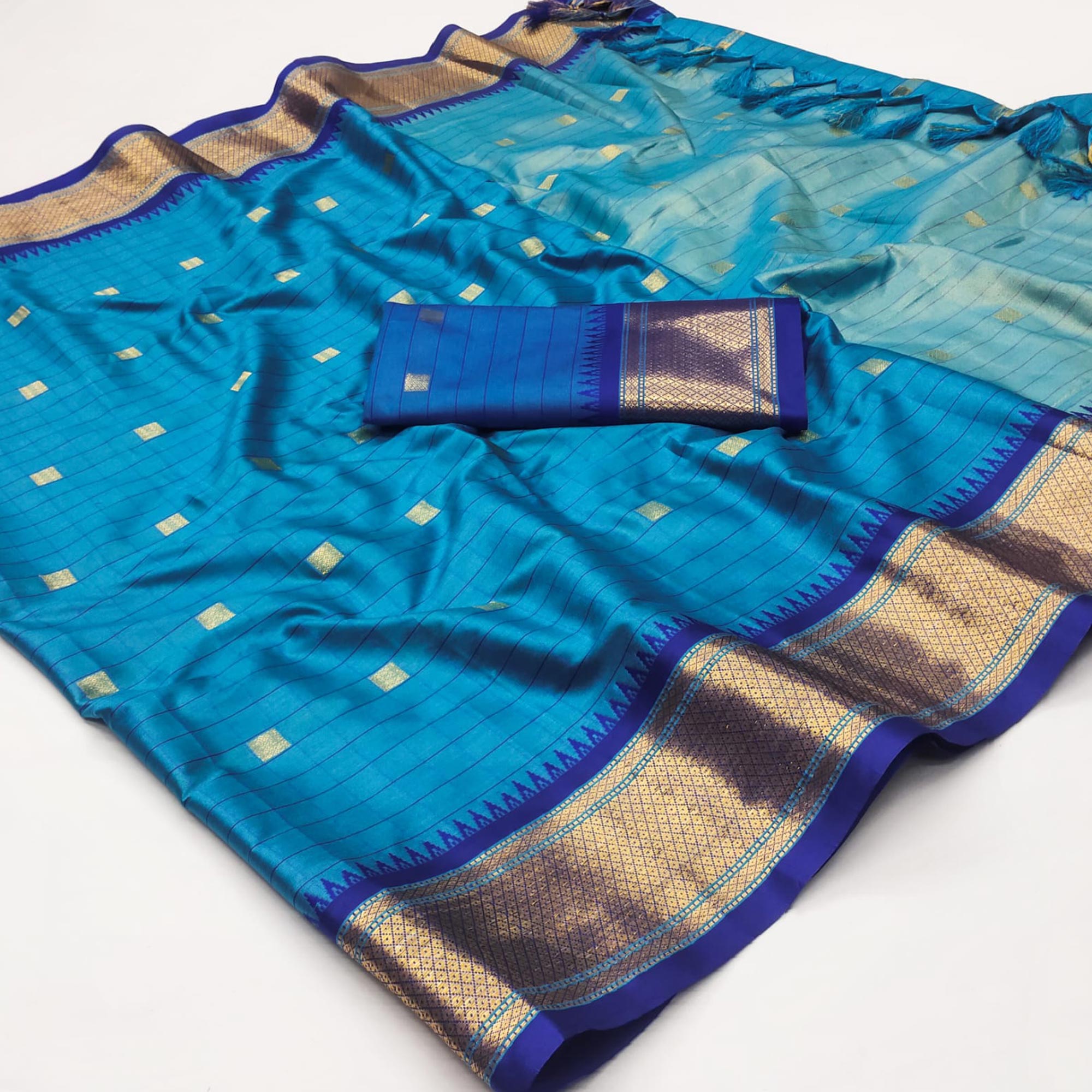 Blue Woven Cotton Silk Saree With Tassels