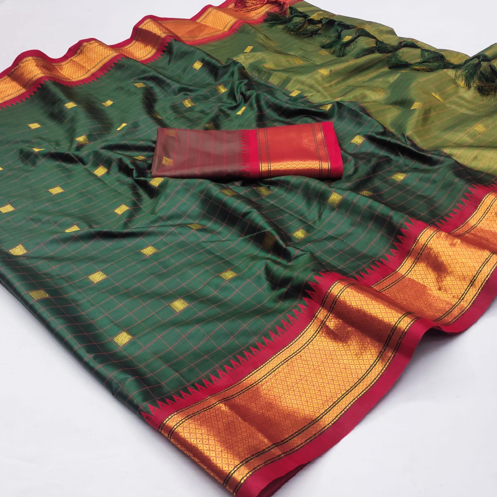 Bottle Green Woven Cotton Silk Saree With Tassels