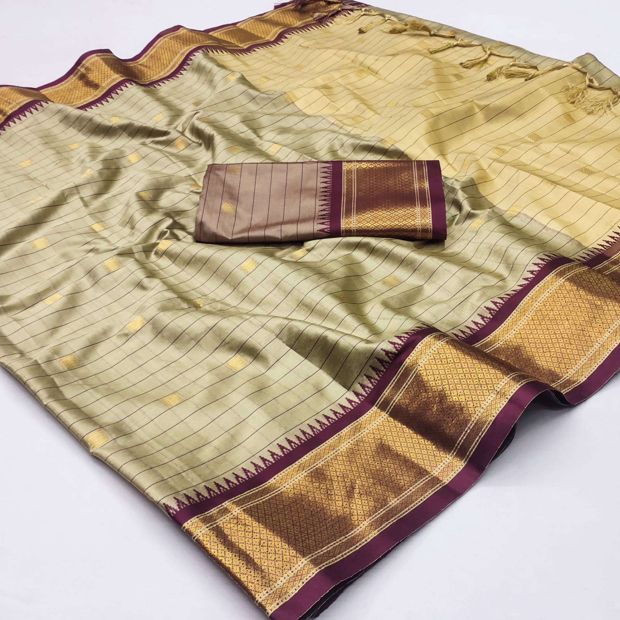 Chikoo & Wine Woven Cotton Silk Saree With Tassels