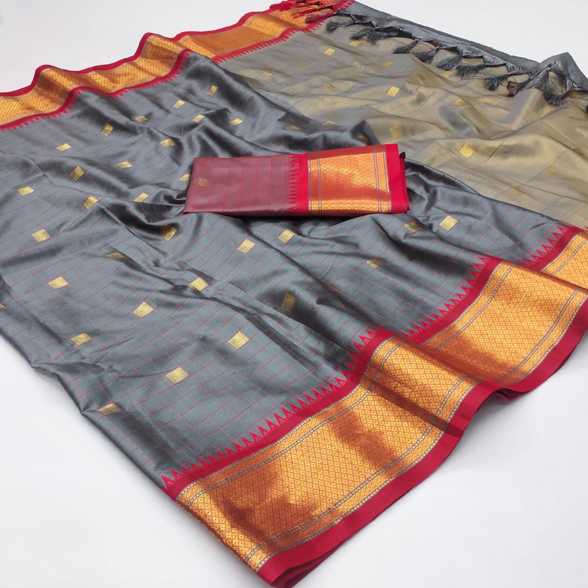 Grey Woven Cotton Silk Saree With Tassels