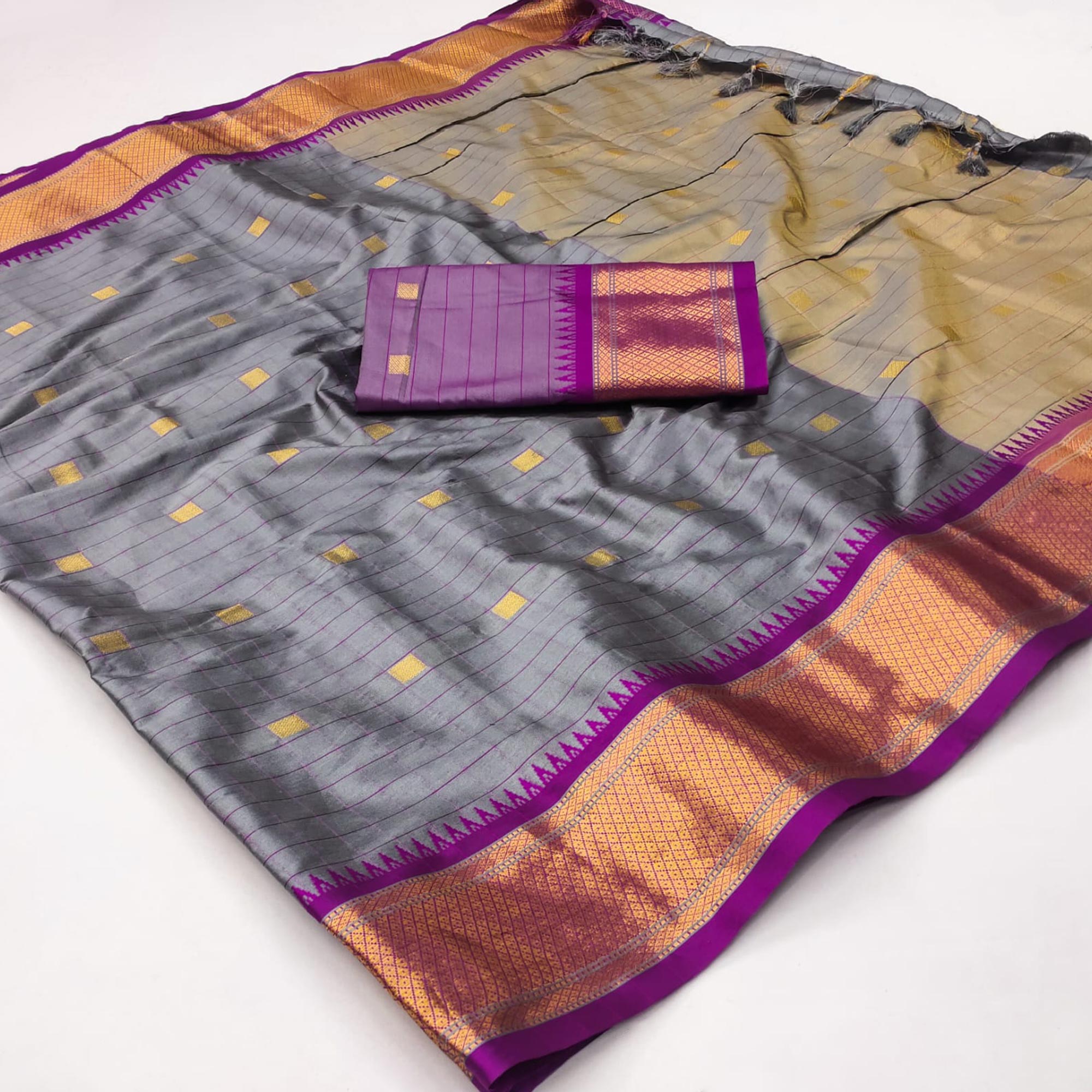Grey & Purple Woven Cotton Silk Saree With Tassels