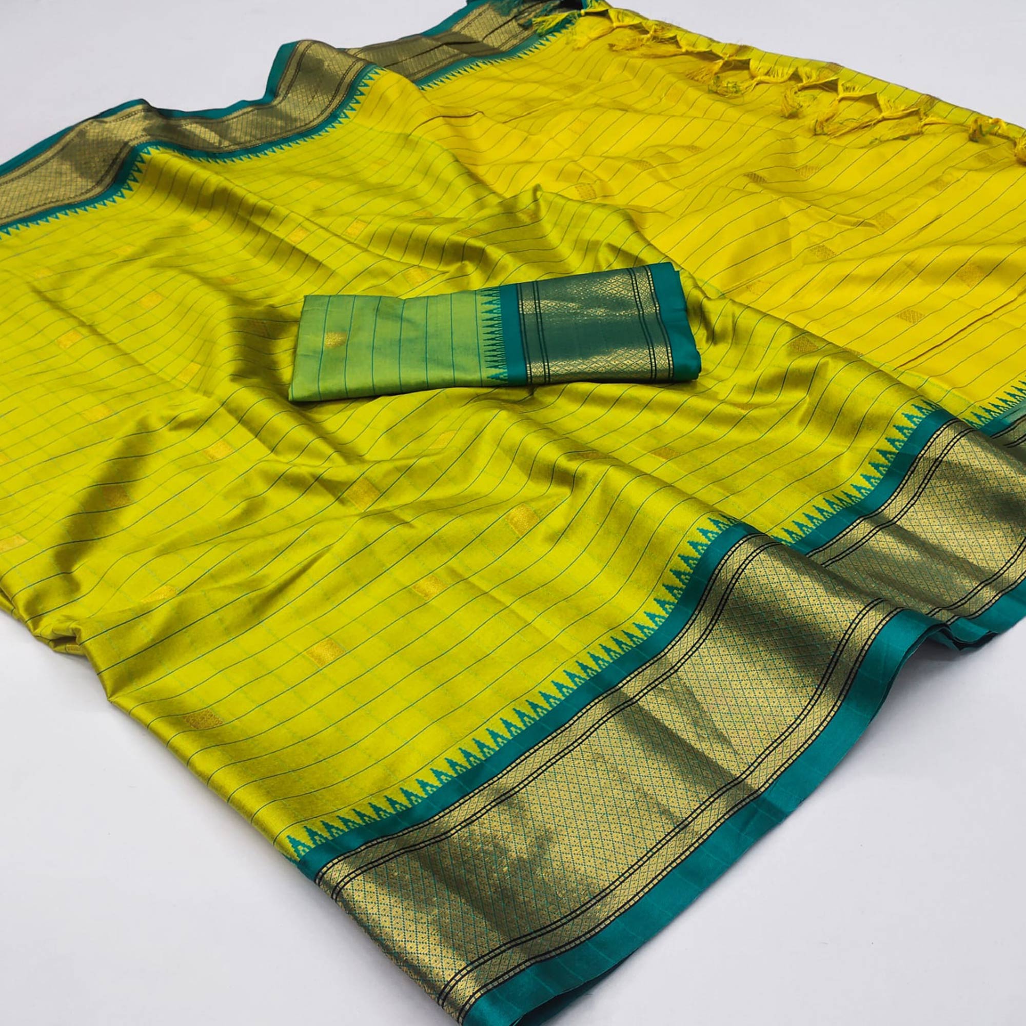 Lemon Green & Rama Woven Cotton Silk Saree With Tassels