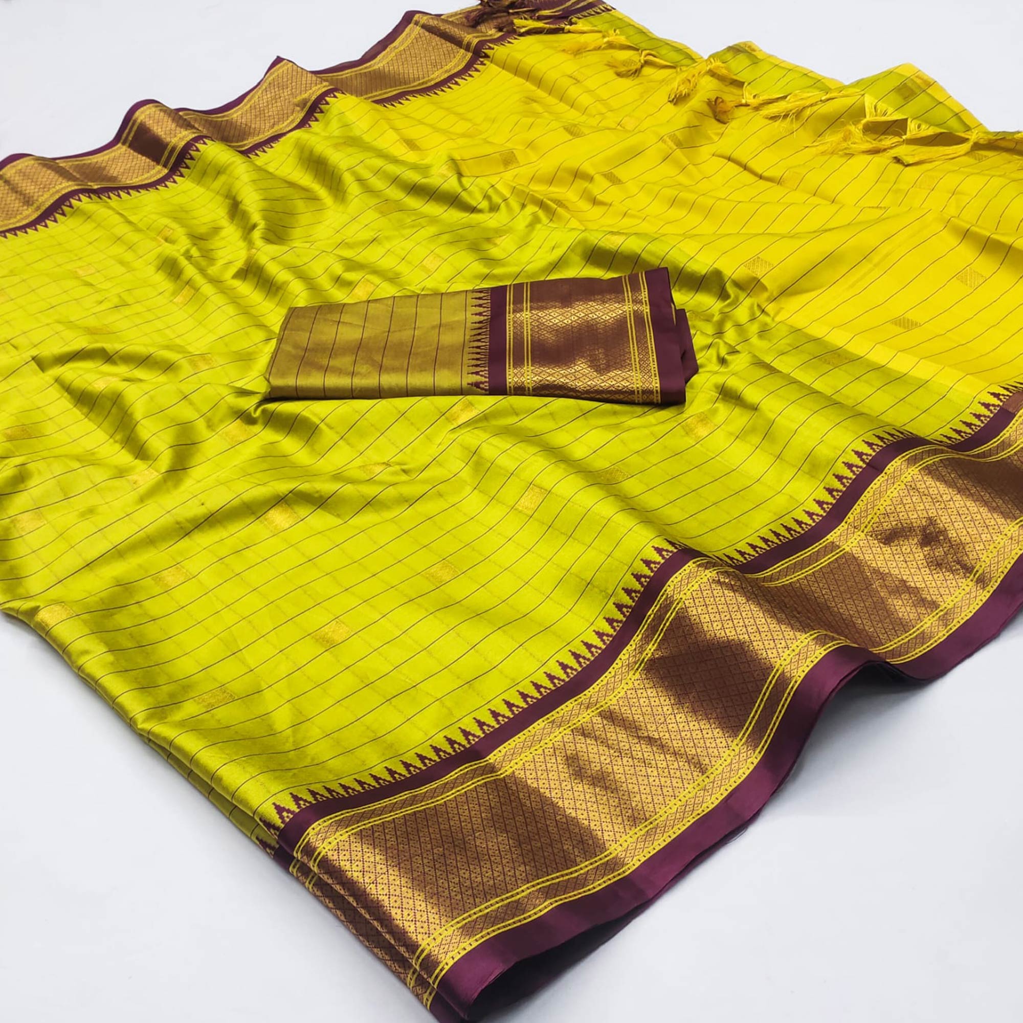 Lemon Green & Wine Woven Cotton Silk Saree With Tassels