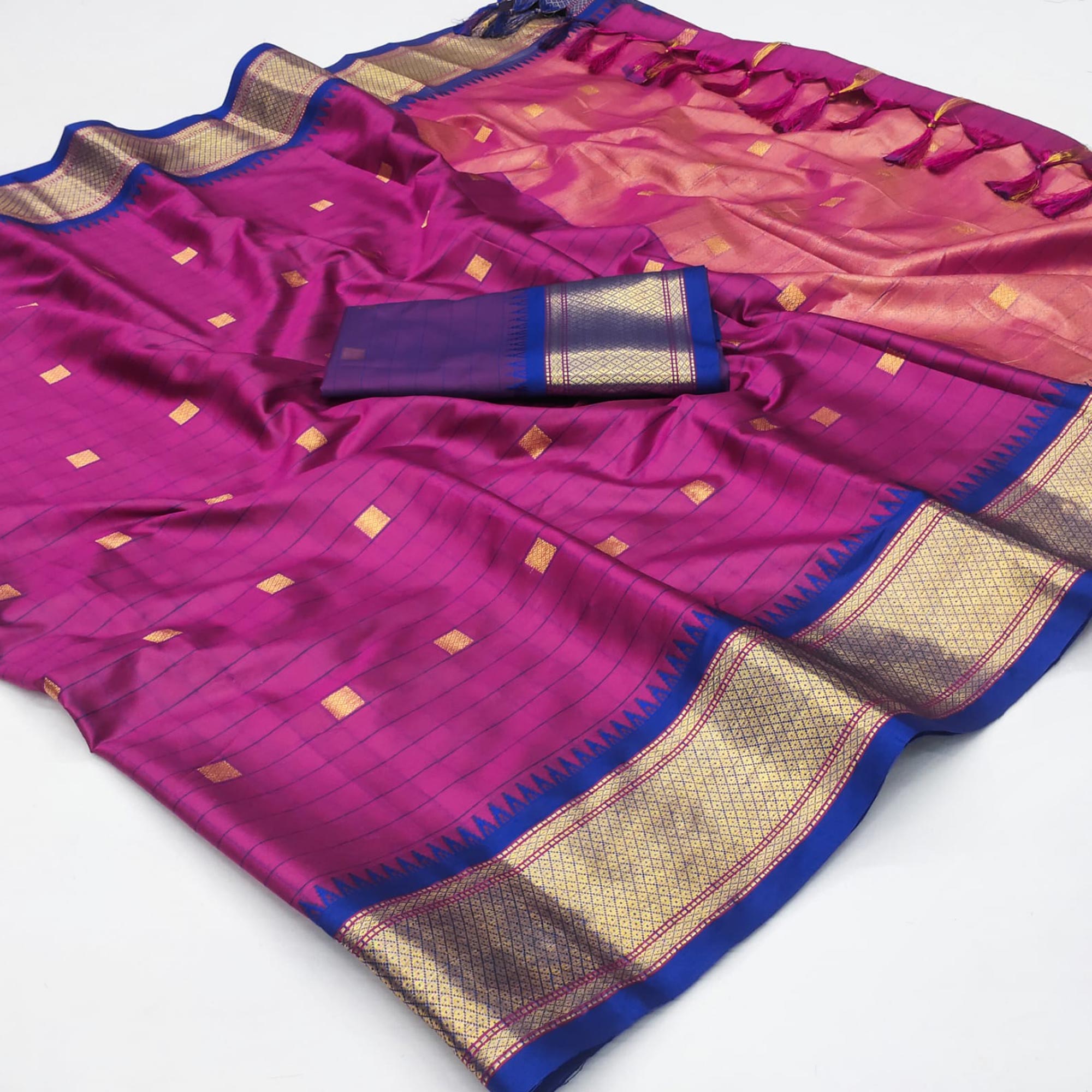 Magenta Woven Cotton Silk Saree With Tassels