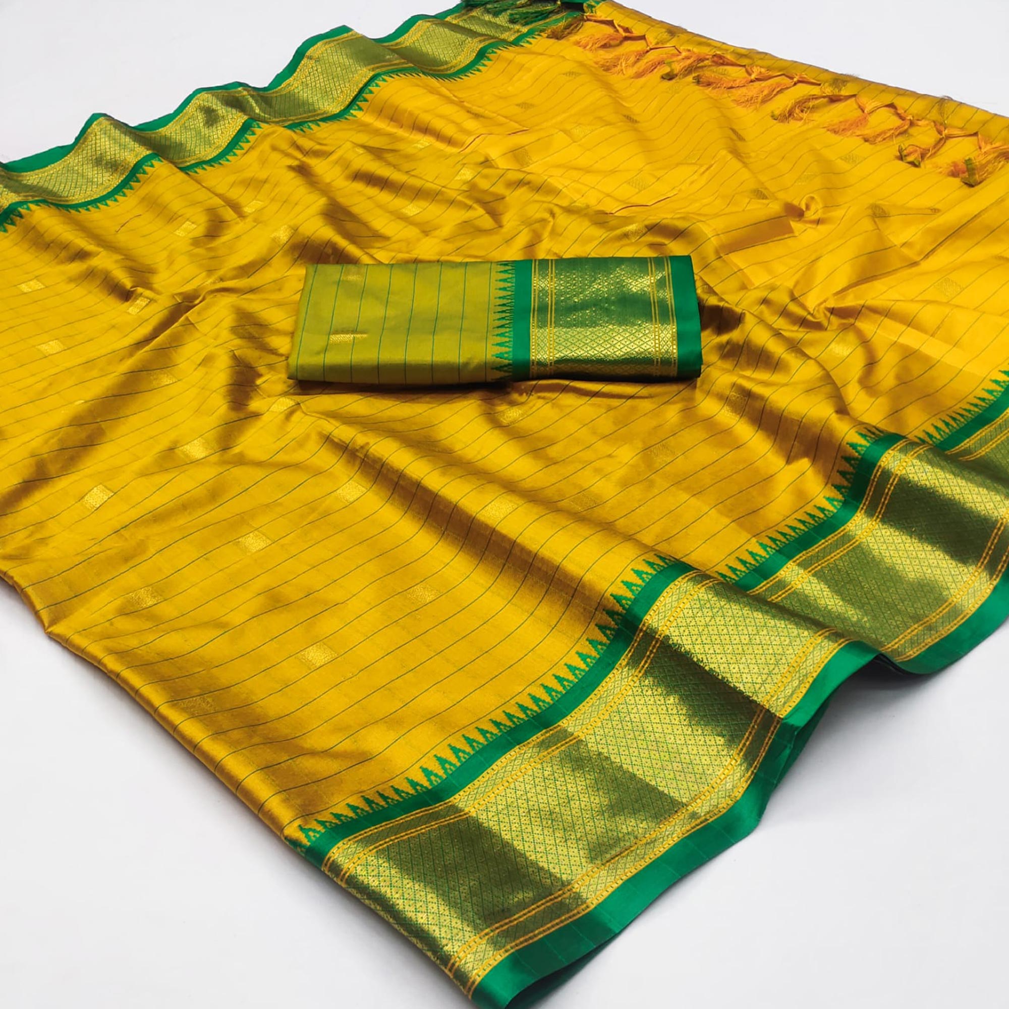 Mustard & Green Woven Cotton Silk Saree With Tassels