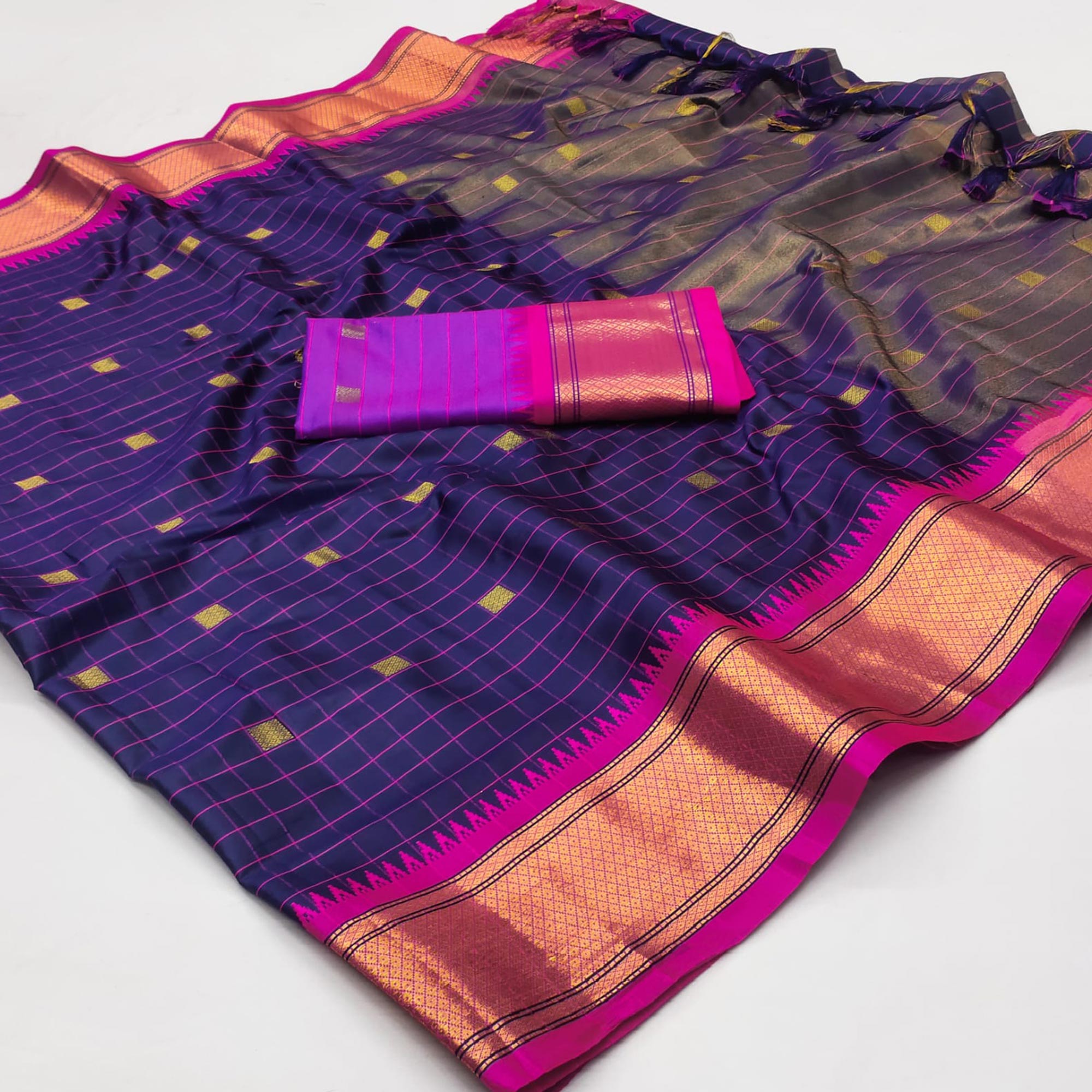 Navy Blue Woven Cotton Silk Saree With Tassels