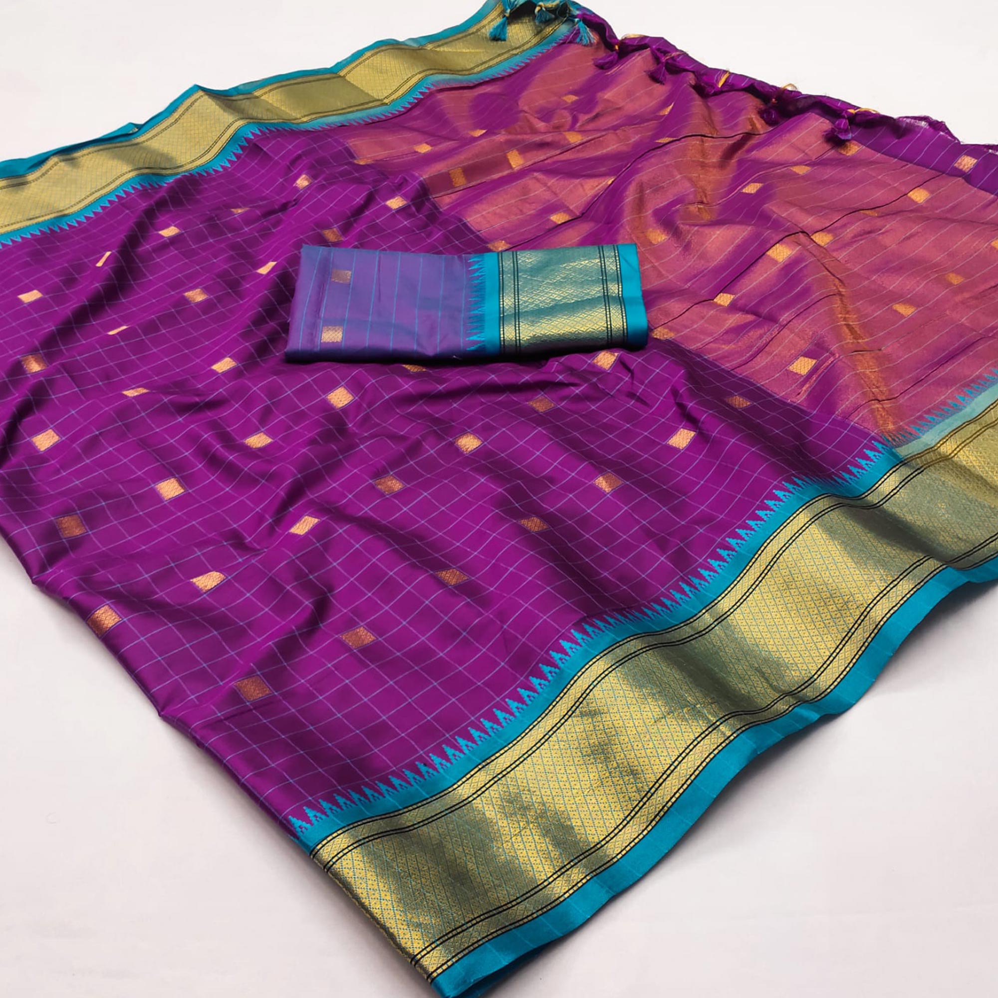 Purple & Blue Woven Cotton Silk Saree With Tassels