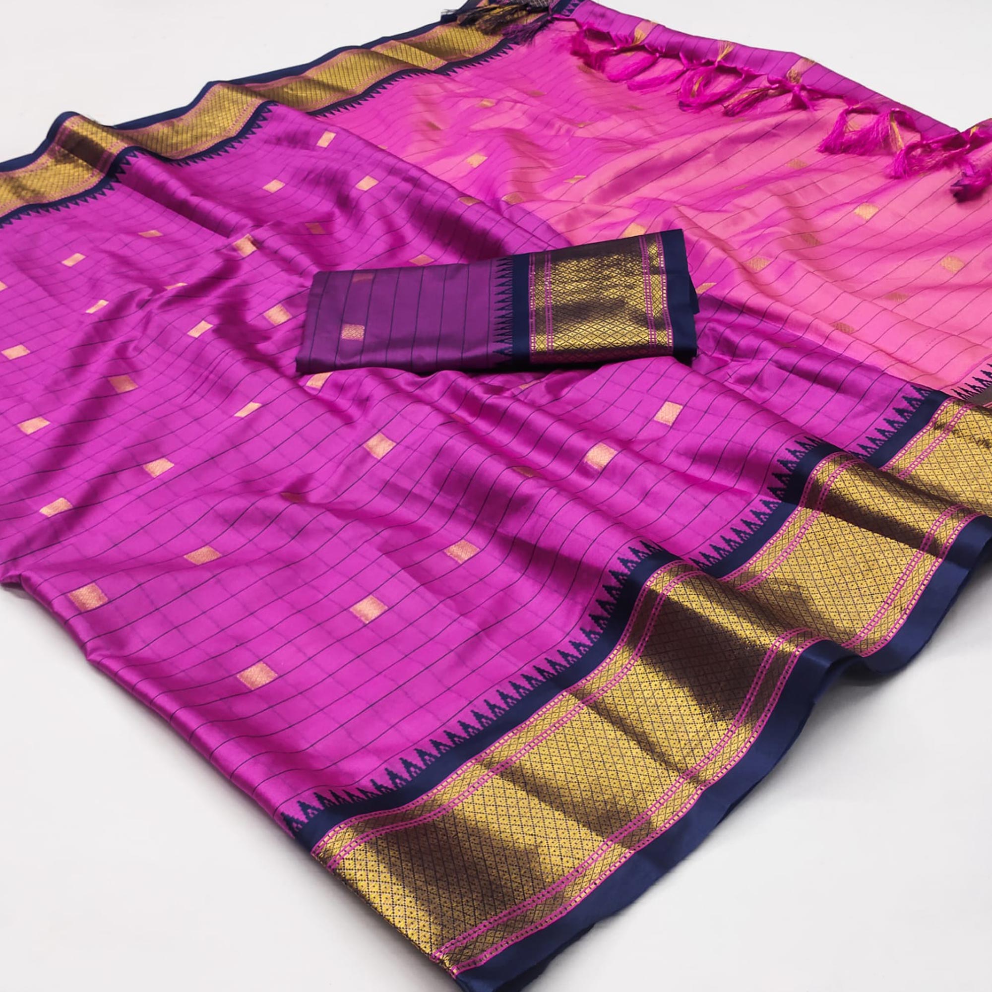 Rani Pink Woven Cotton Silk Saree With Tassels