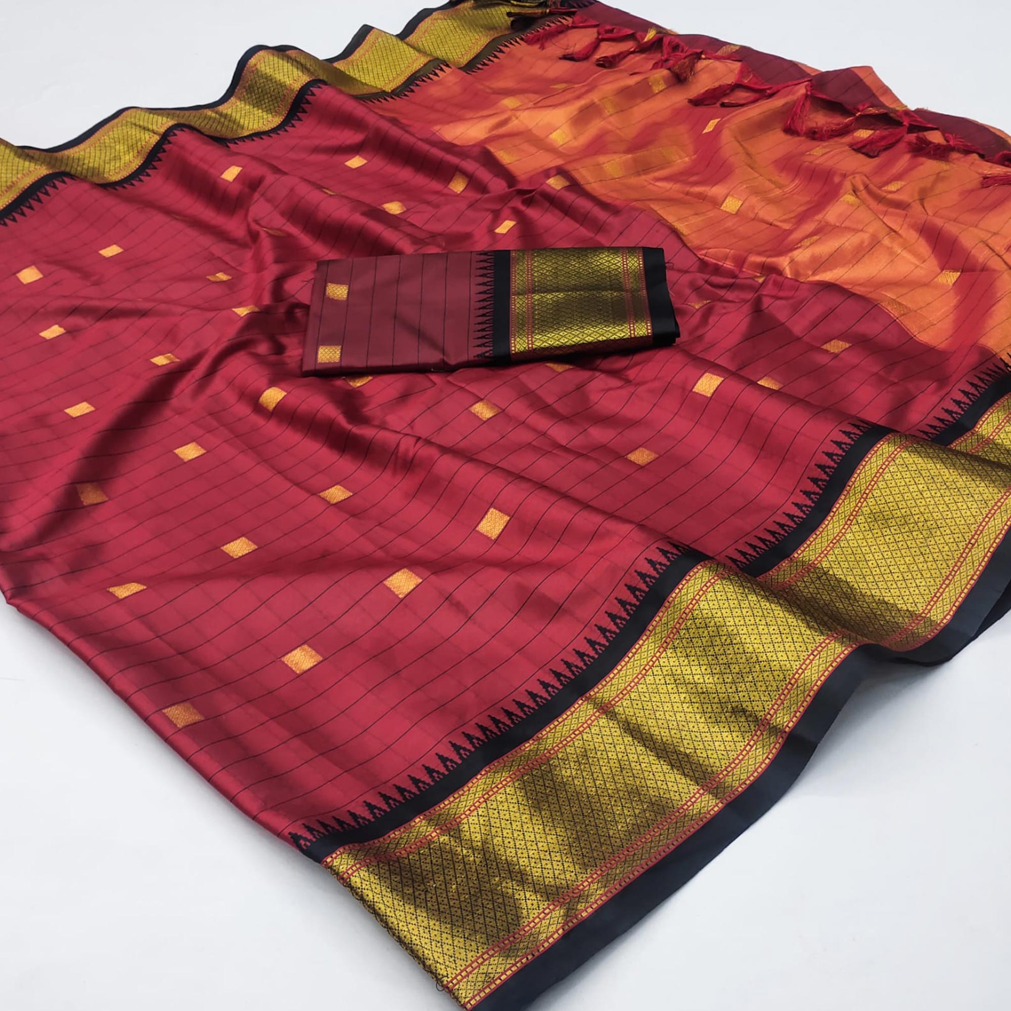 Red Woven Cotton Silk Saree With Tassels