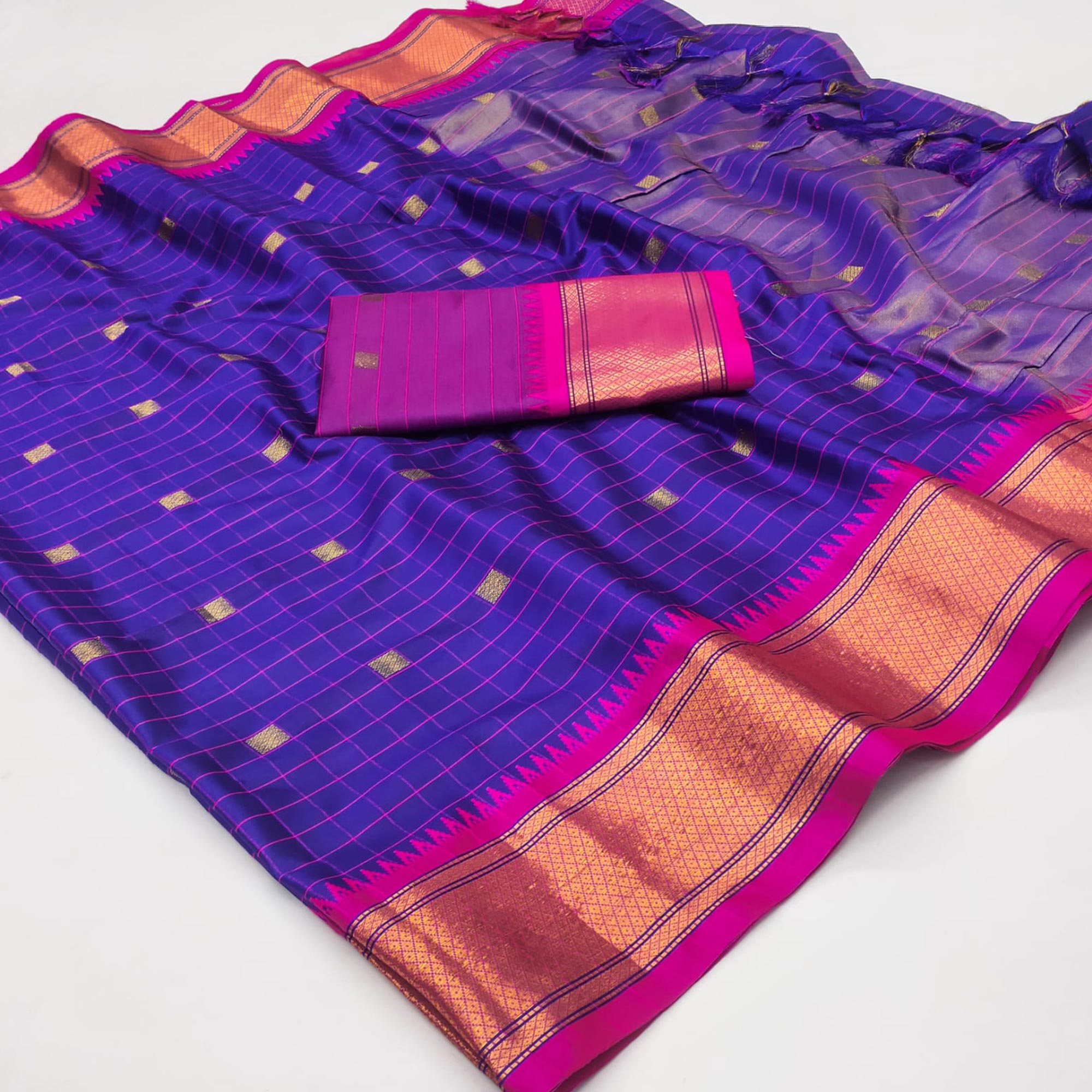 Royal Blue Woven Cotton Silk Saree With Tassels