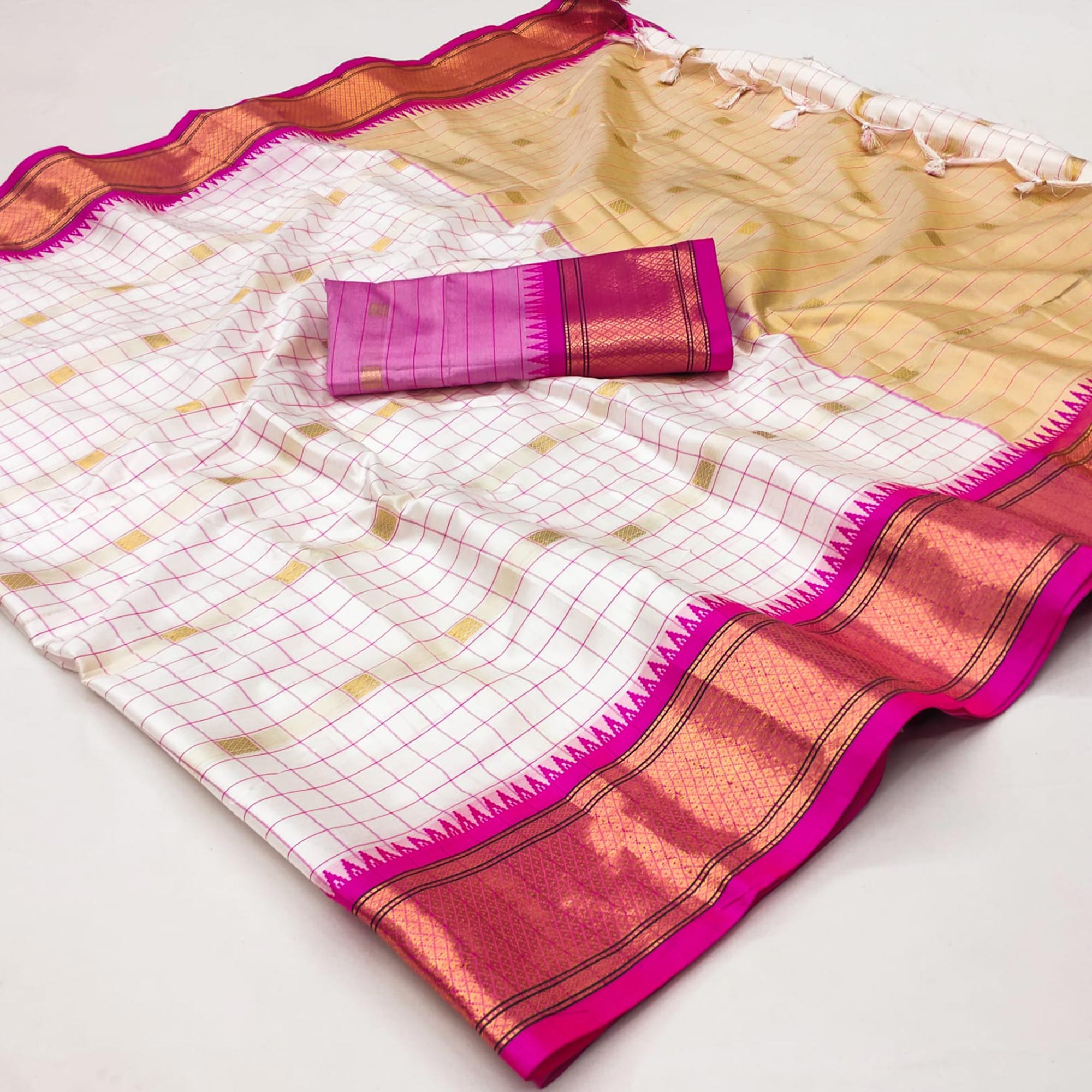 White & Pink Woven Cotton Silk Saree With Tassels