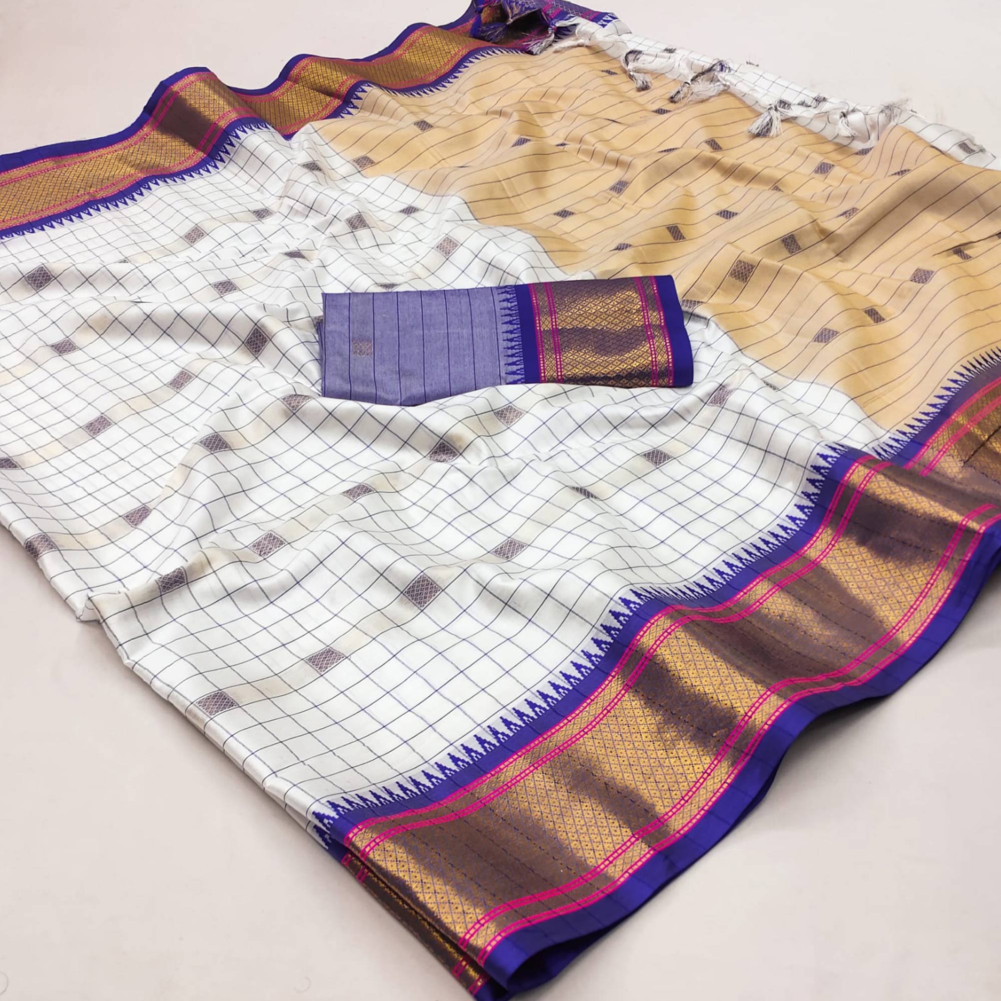 White & Blue Woven Cotton Silk Saree With Tassels