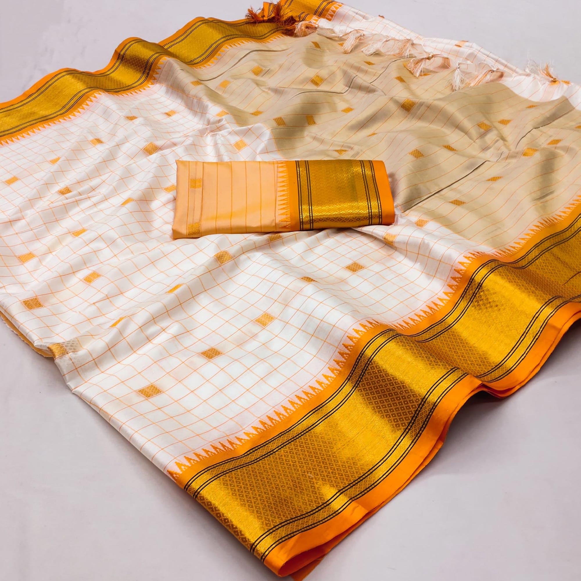 White & Yellow Woven Cotton Silk Saree With Tassels