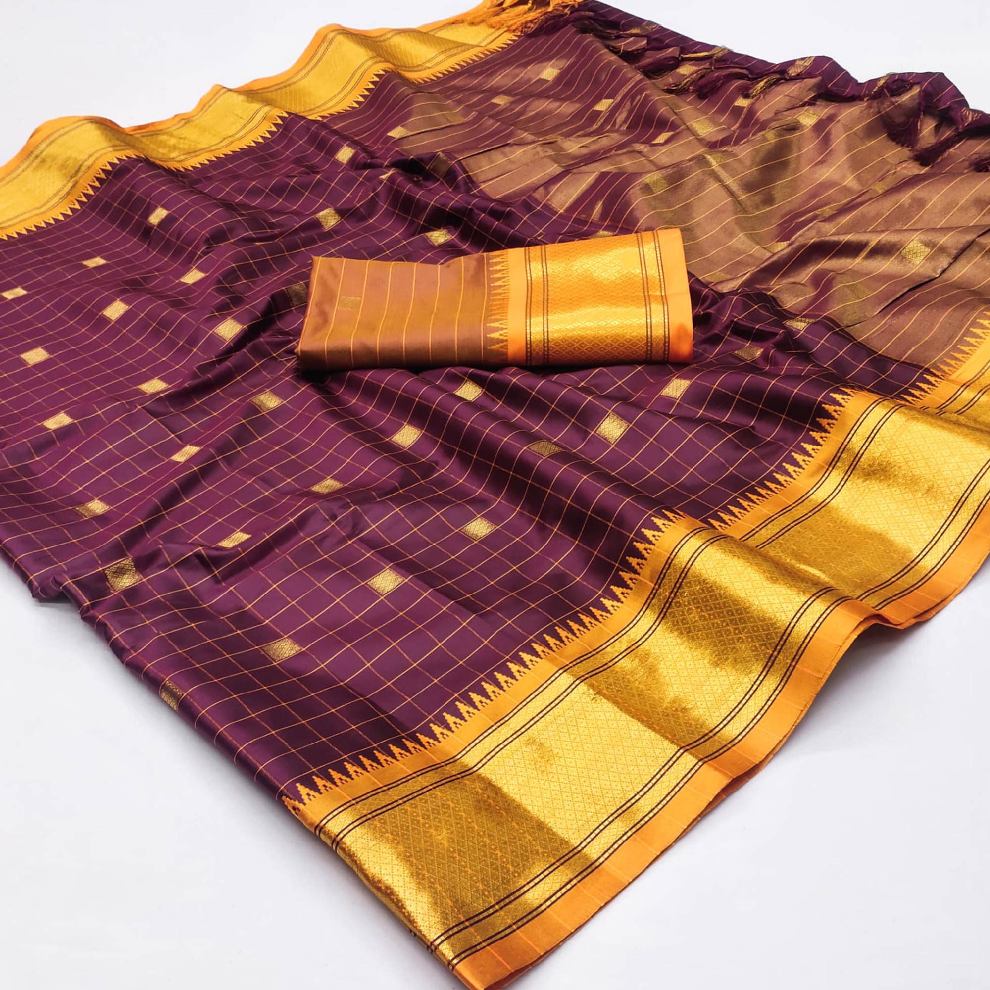 Wine Woven Cotton Silk Saree With Tassels