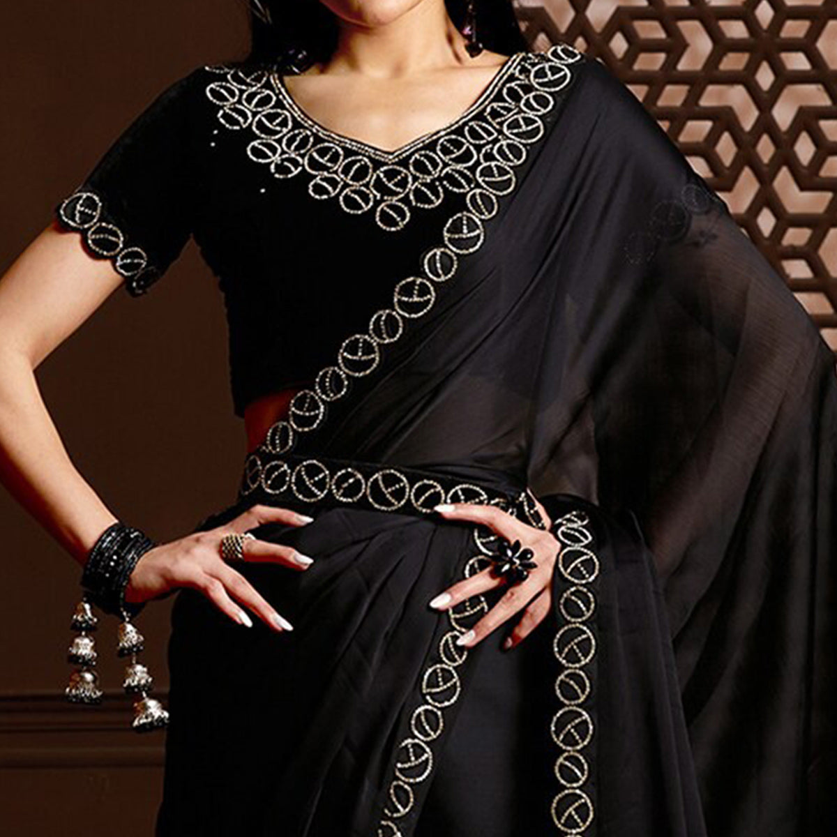 Black Stone Work Chiffon Saree