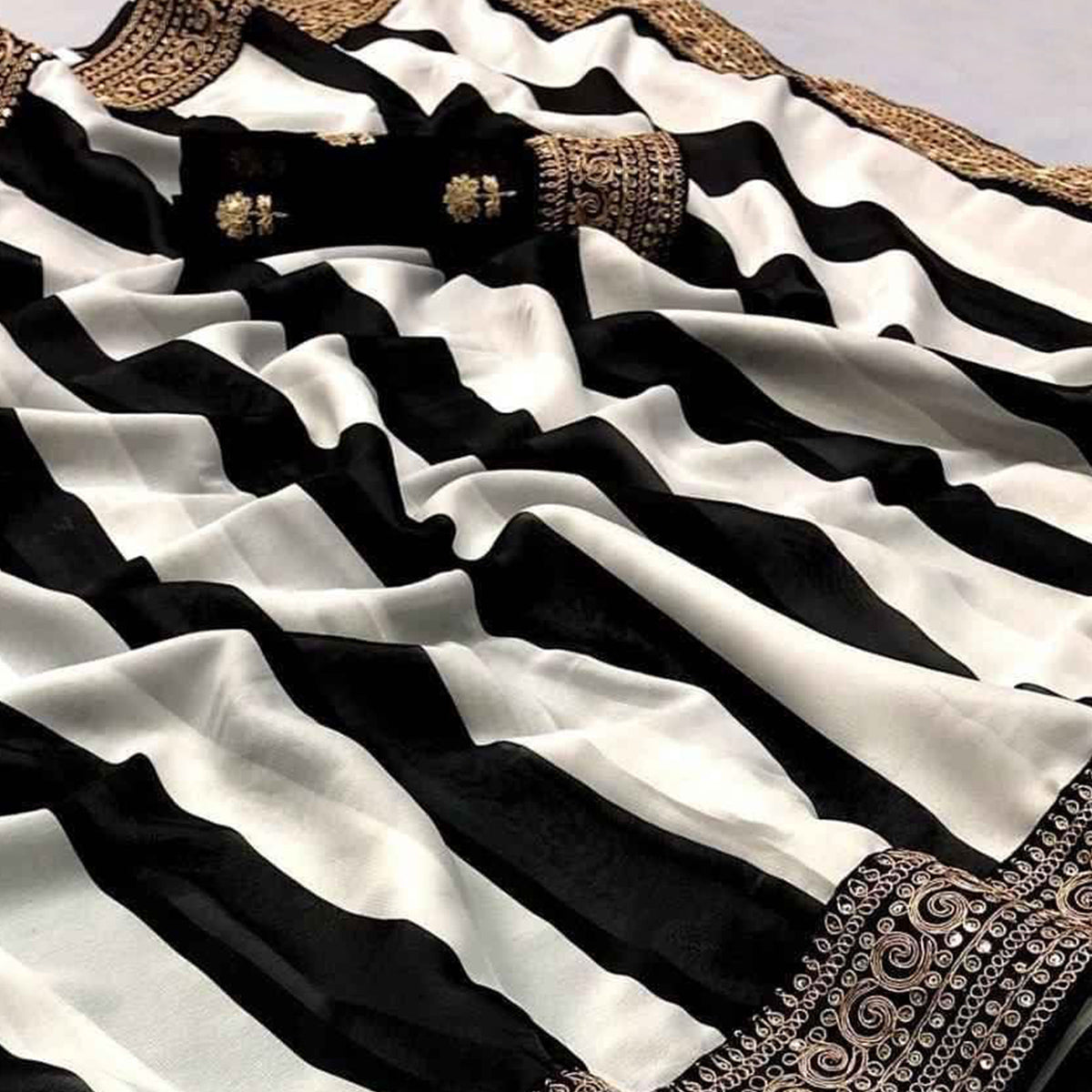 Black & White Striped Printed Georgette Saree