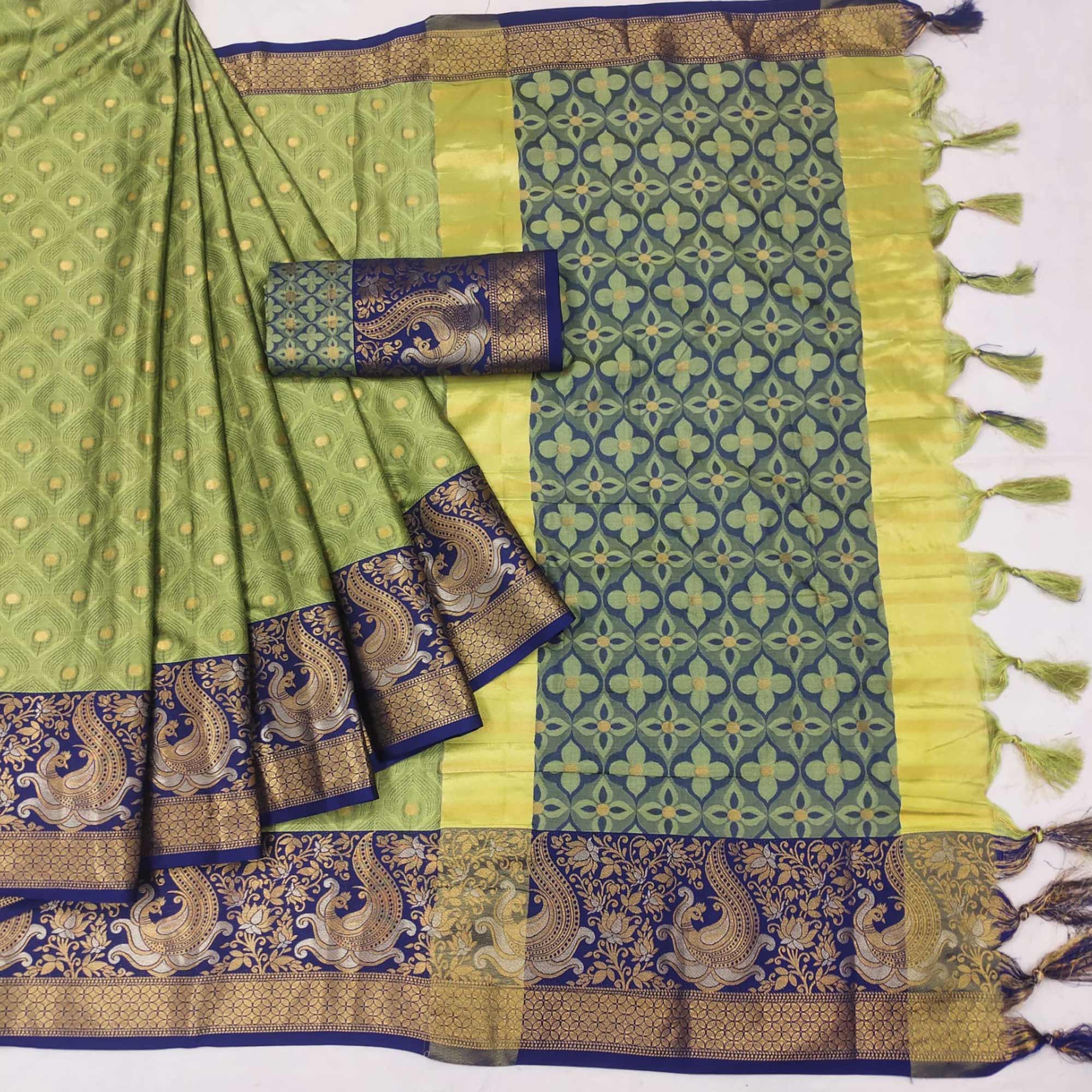 Pista Green Woven Cotton Silk Saree With Tassels