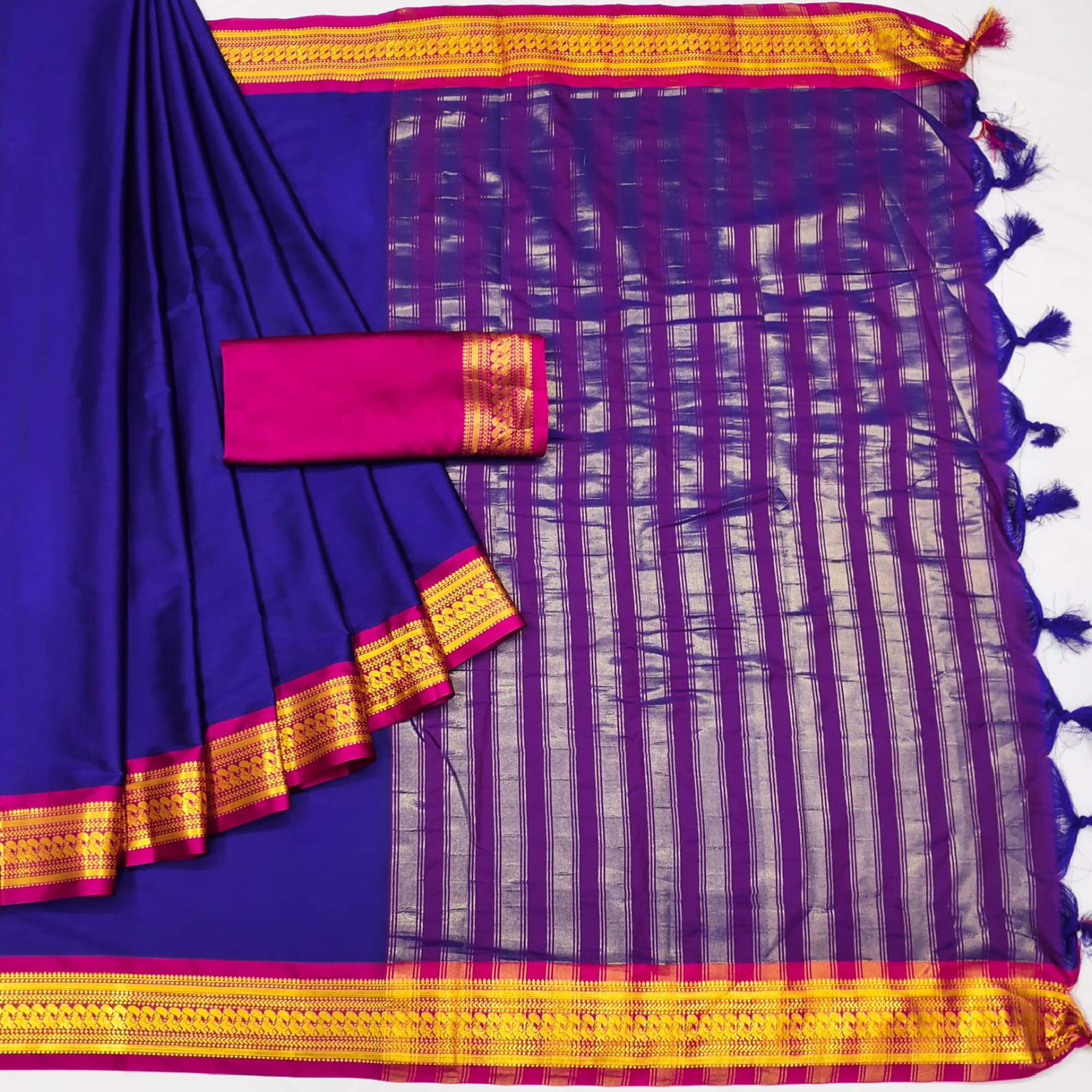 Blue Solid Cotton Silk Saree With Jacquard Border