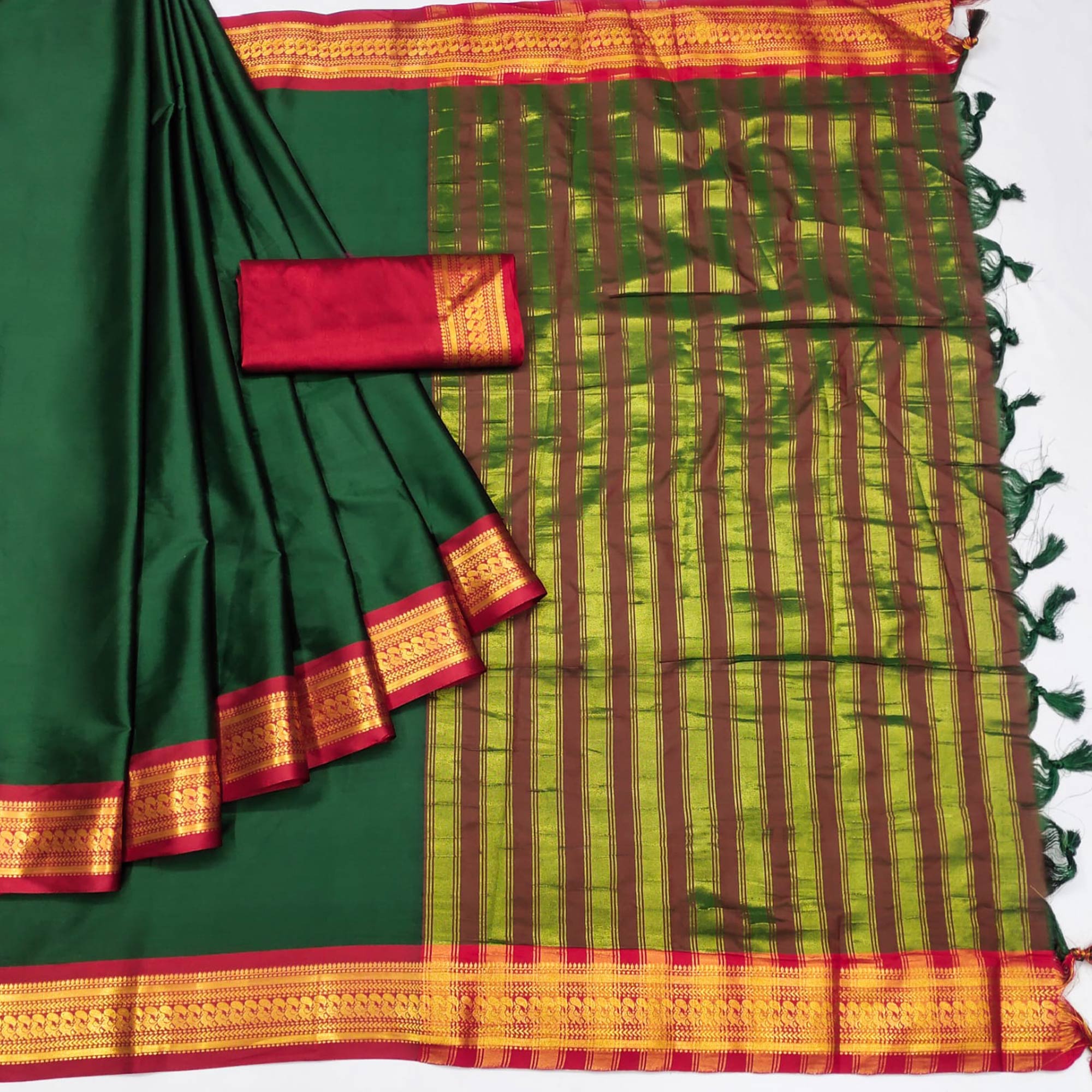 Bottle Green Solid Cotton Silk Saree With Jacquard Border