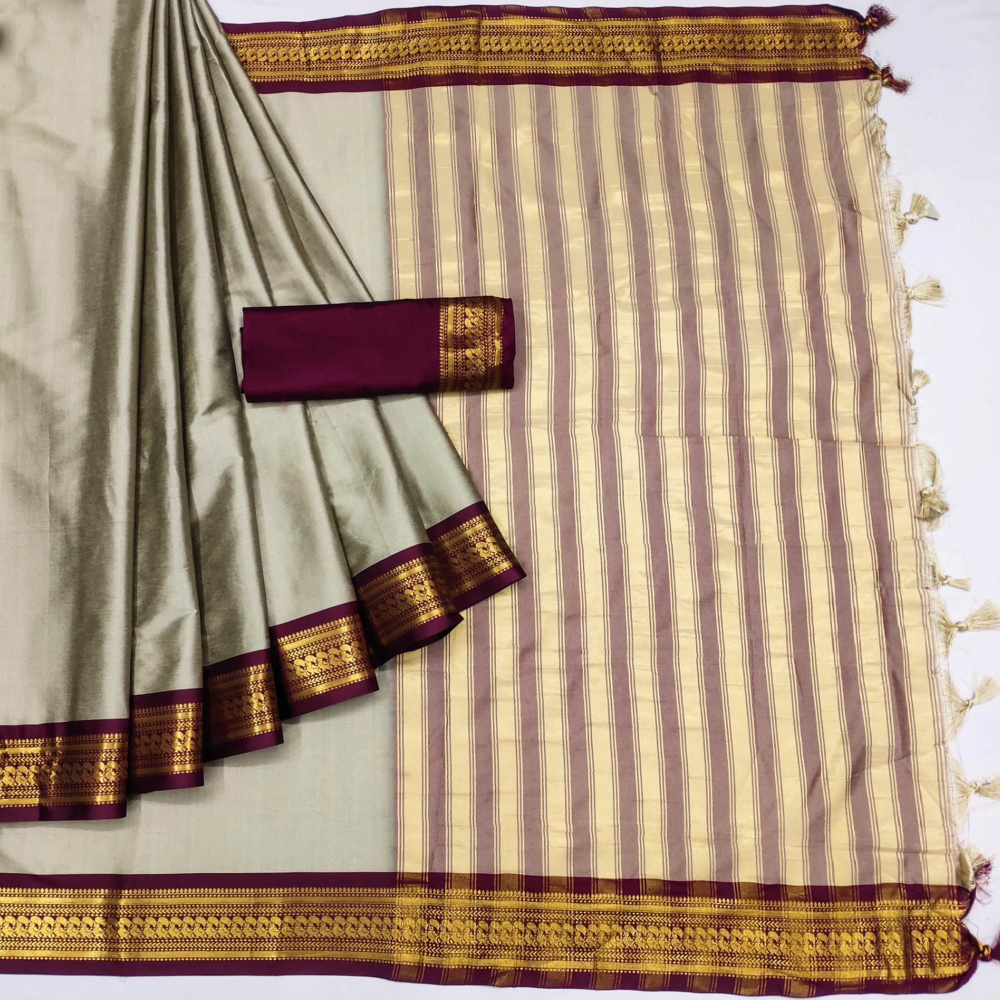 Chikoo Solid Cotton Silk Saree With Jacquard Border